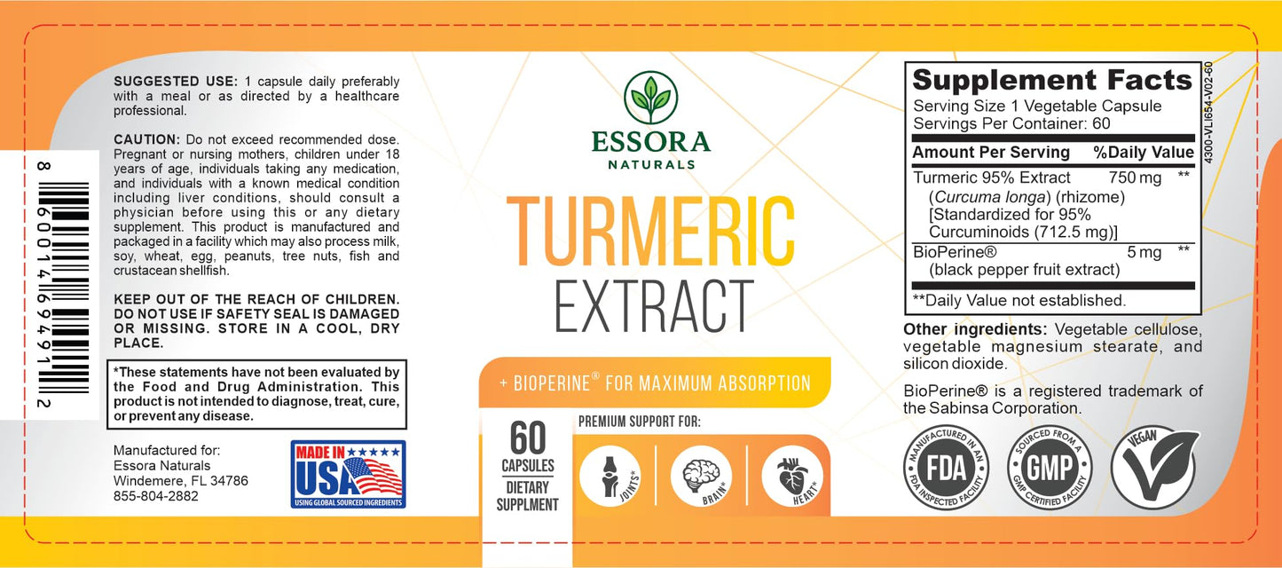 Essora Naturals Turmeric Curcumin Extract 750mg (95% Curcuminoids) with BioPerine, Vegan, Non-GMO, 60 Capsules