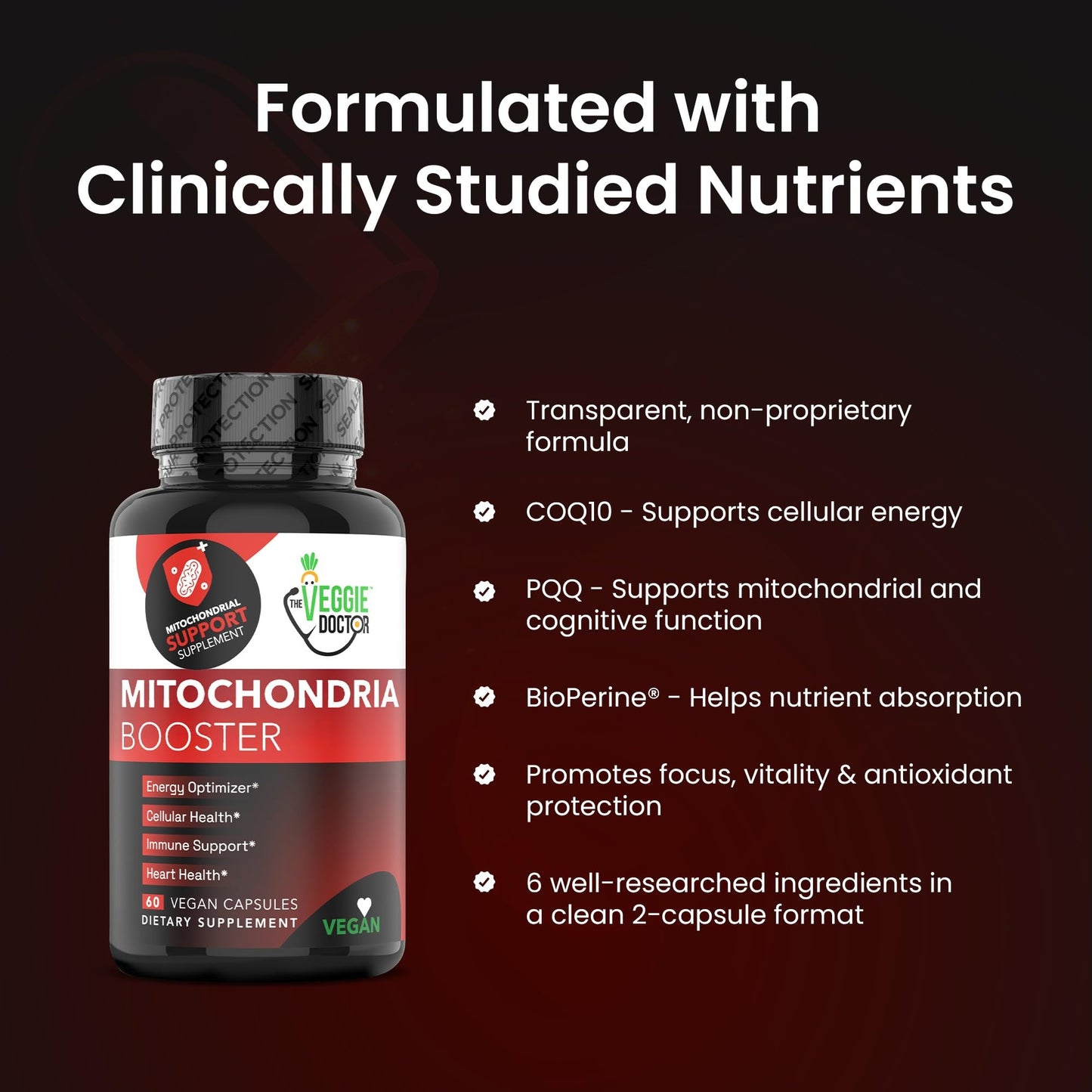 The Veggie Doctor Vegan Mitochondrial Support – Advanced Cellular Wellness & Natural Energy Formula with CoQ10, PQQ, Acetyl-L-Carnitine, Alpha-Lipoic Acid, Magnesium, BioPerine® - Daily Support, 60 Capsules