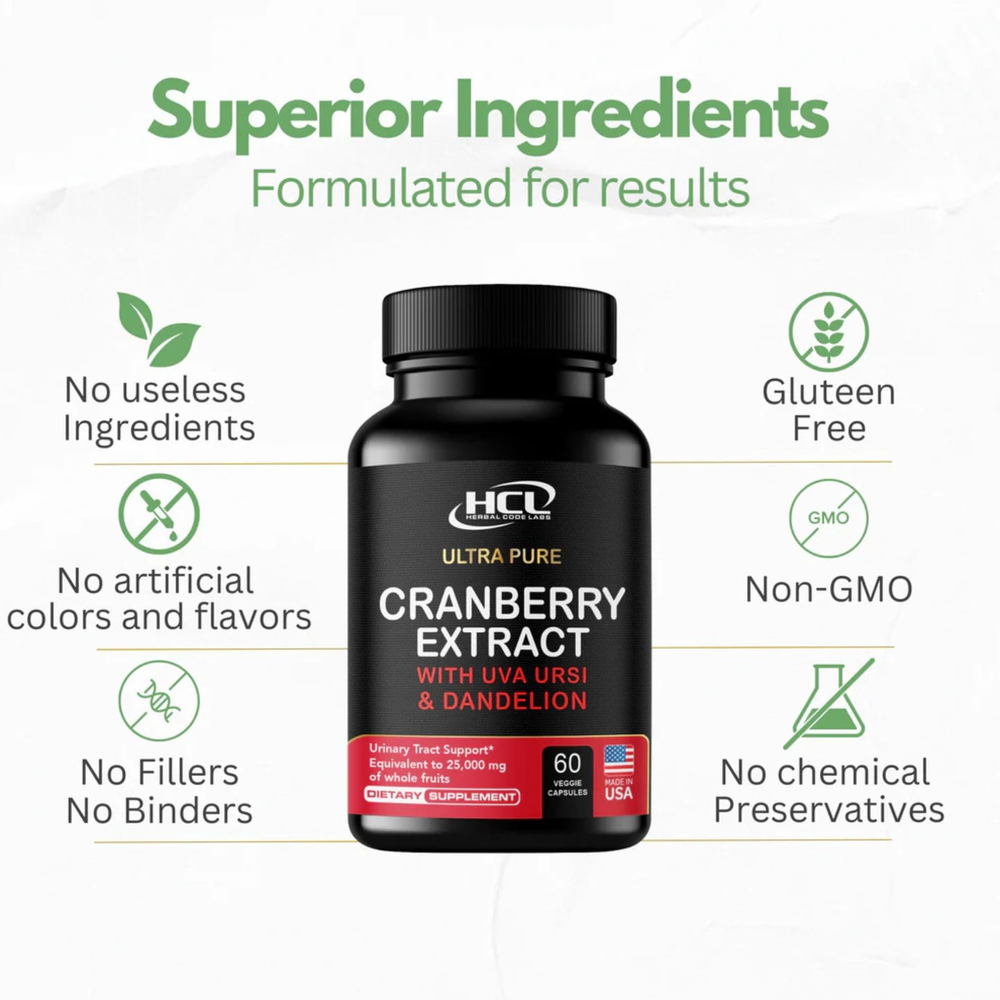 HCL Herbal Code Labs Cranberry Extract 50:1 Whole Fruit Concentrate with Dandelion & Uva Ursi Capsules, 60 Capsules