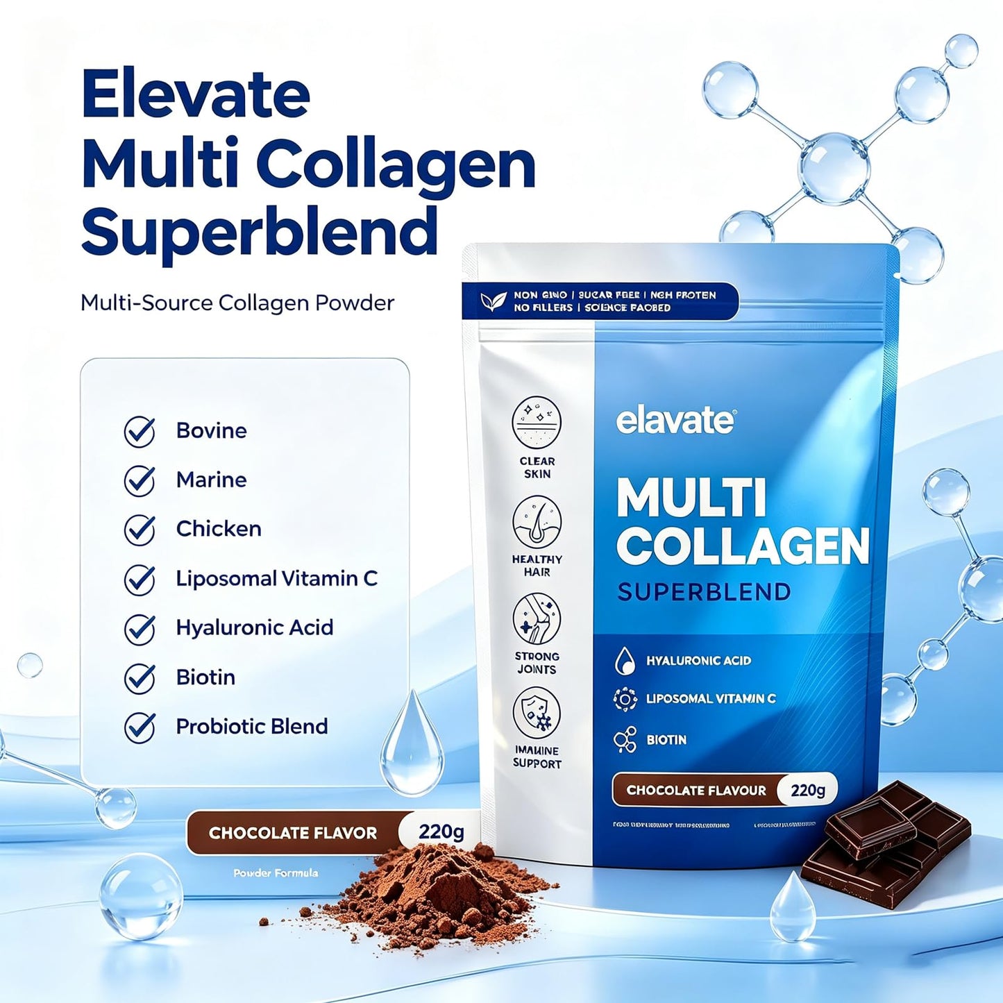 Renovia Oil Elevate Multi Collagen Superblend, Elevate Collagen for Women, Bovine, Marine & Chicken Collagengar Free, with Liposomal Vitamin C, Powder, 0.22 Ounce