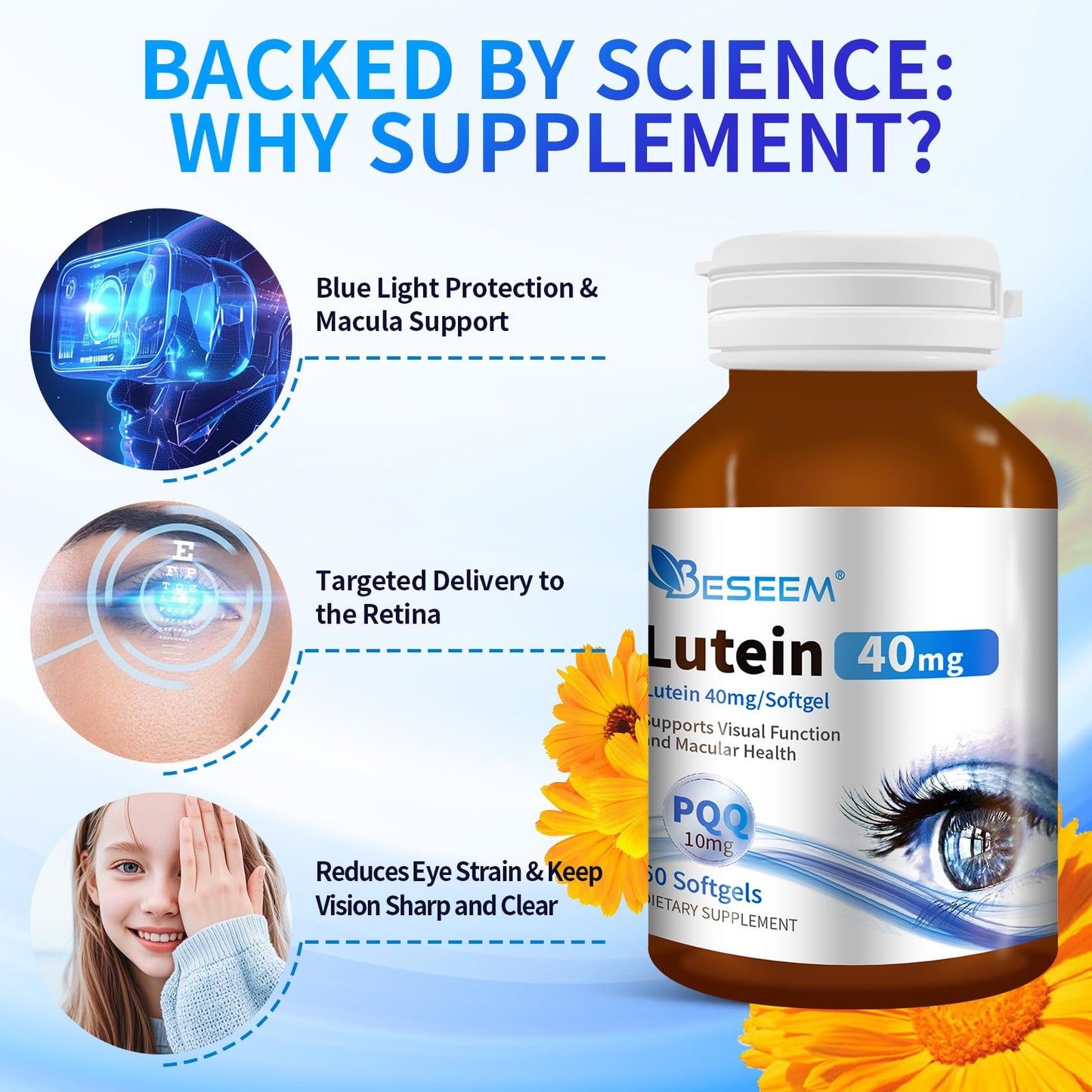 Beseem 6-in-1 Eye Supplement with Lutein 40mg, Zeaxanthin 10mg Capsules, 60 Count