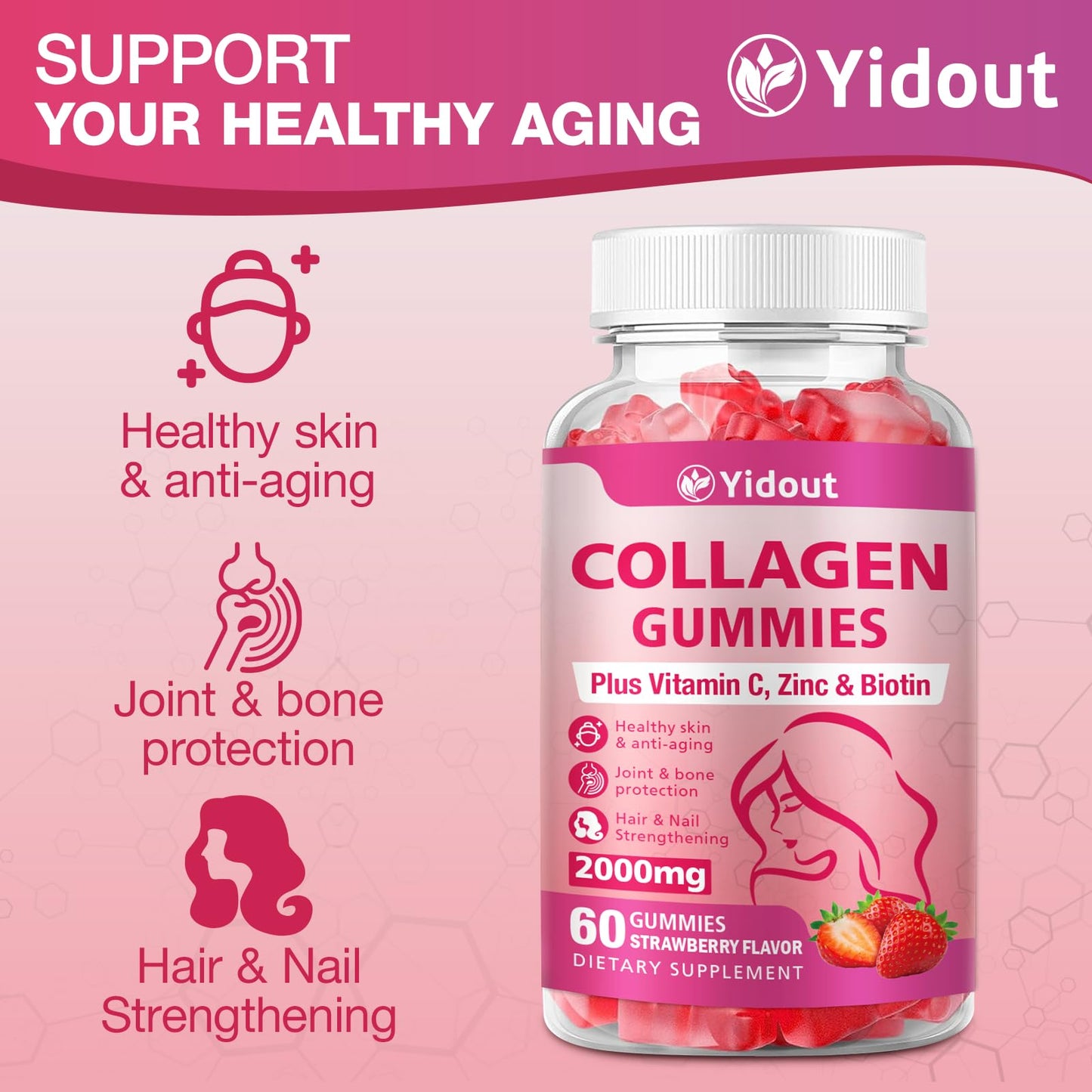 Yidout Collagen Gummies with Vitamin C and Biotin, 200mg Collagen Peptides, Hair Skin & Nails Support, Strawberry Flavor, 120 Gummies