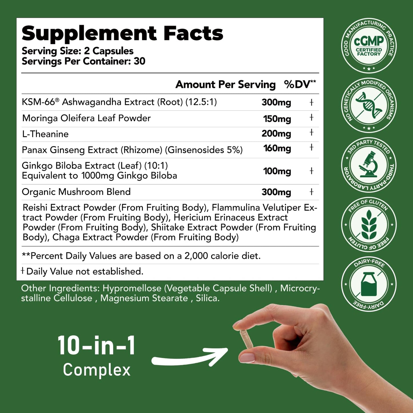 GlowEver KSM-66 Ashwagandha with L-Theanine, Mushrooms, Ginseng & Ginkgo Biloba - Extra Strength Stress Relief, Energy & Brain Health Support, 60 Capsules