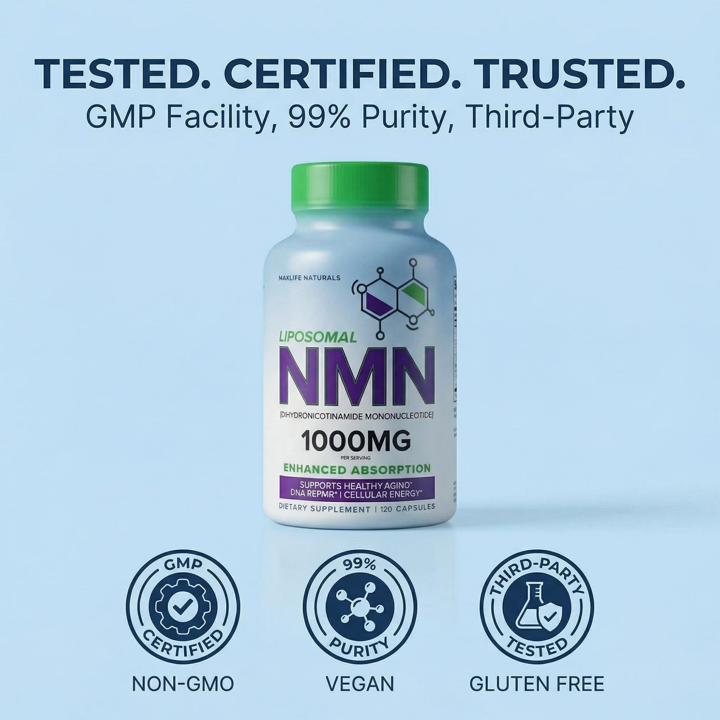 MAXLIFE NATURALS Liposomal NMN 1000mg Nicotinamide Mononucleotide Supplement Capsules, 120 Count