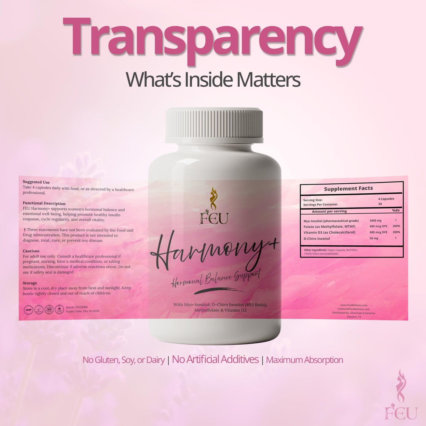 FEU Harmony Plus PCOS & Hormonal Balance Support for Women Myo & D-Chiro Inositol 40:1 Ratio with Methylfolate & Vitamin D3 Cycle, Ovary & Fertility Wellness Vegan 120 Capsules
