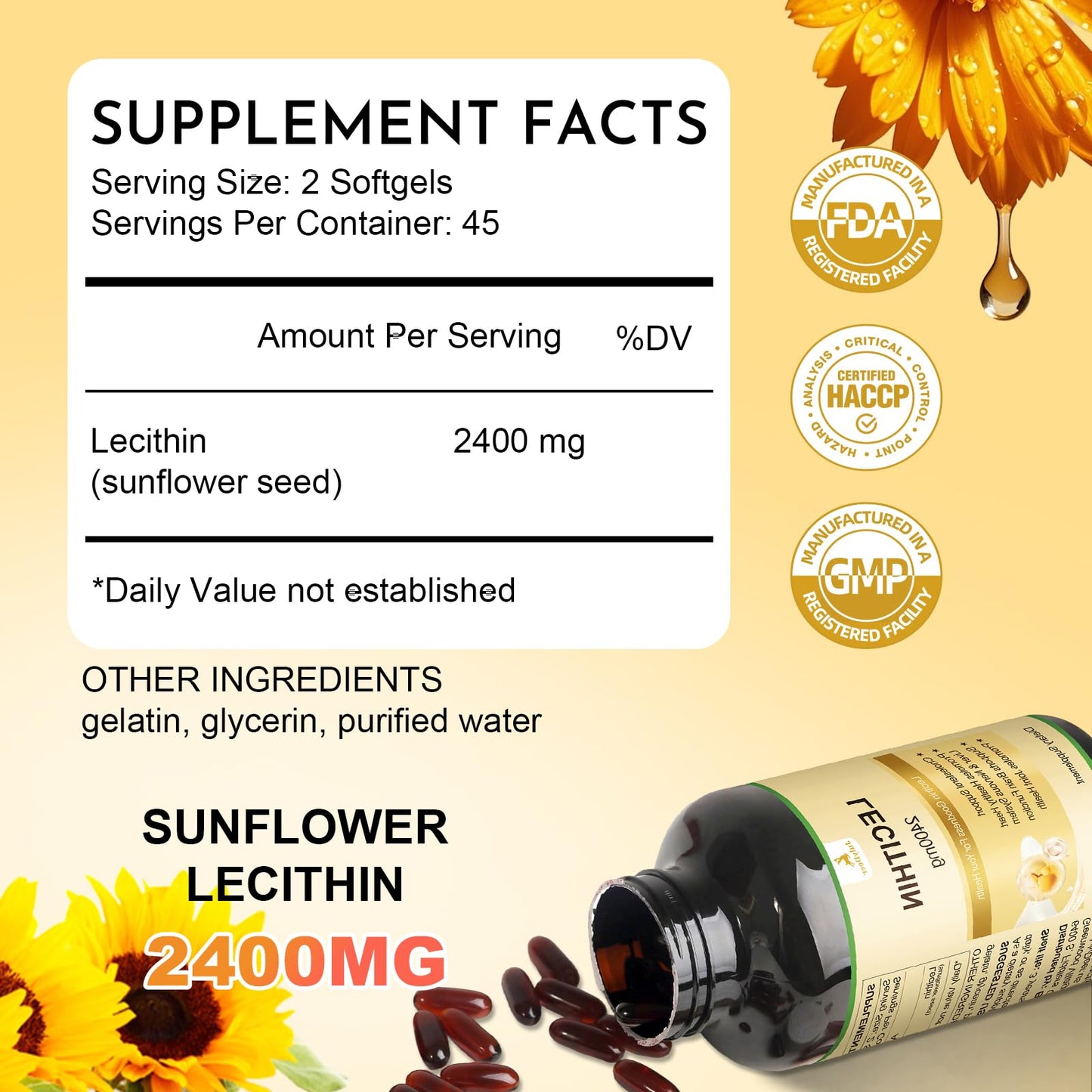 JulyDeer Sunflower Lecithin 2400mg 90 Softgels