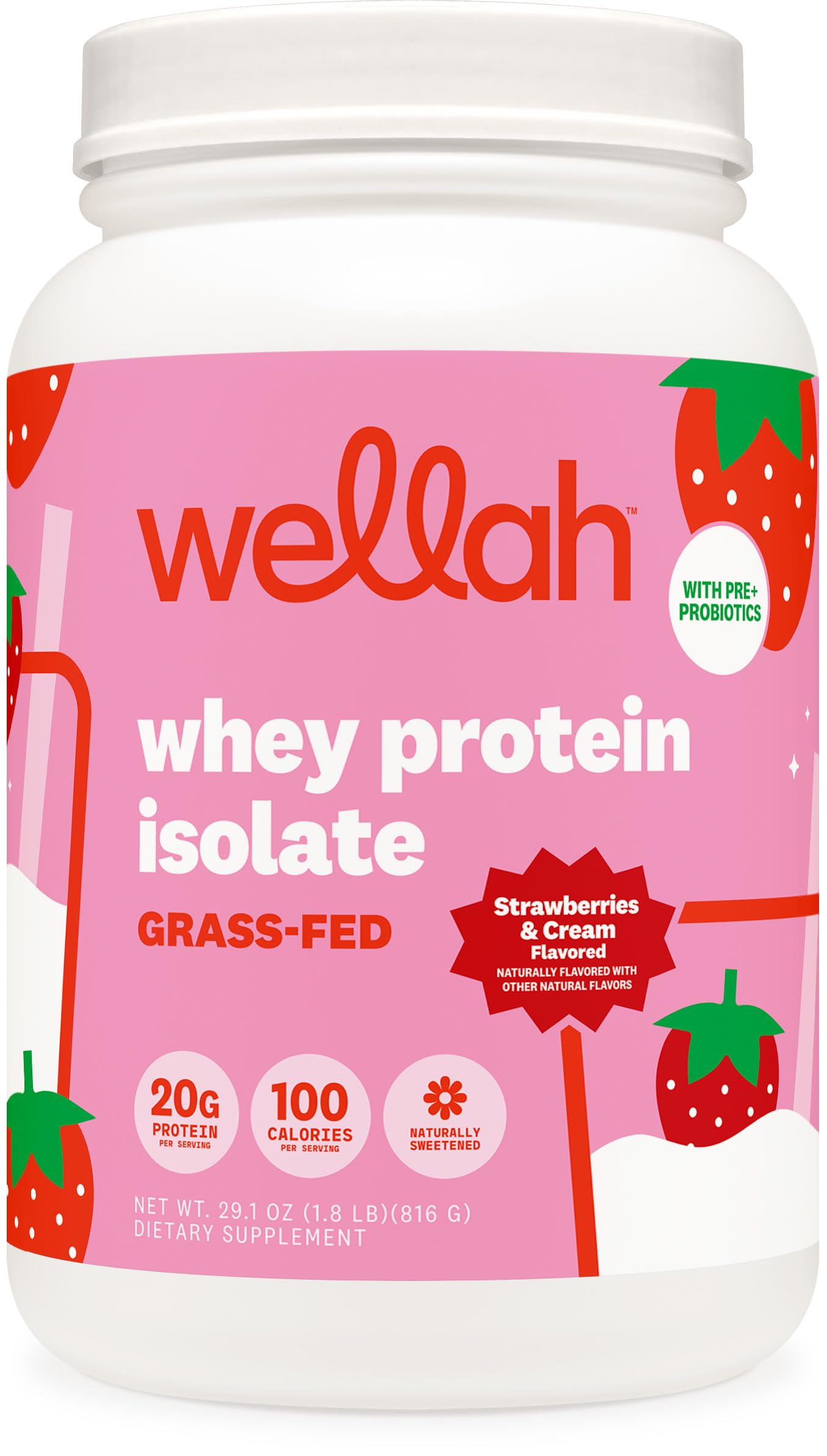 Wellah Grass-Fed Whey Protein Isolate Powder (Strawberries & Cream) 29.1 Servings