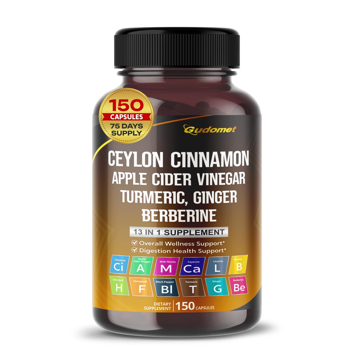 GUDOMET Ceylon Cinnamon Capsules with Apple Cider Vinegar, Berberine HCL & Black Pepper, Digestion & Overall Wellness Support, 150 Capsules