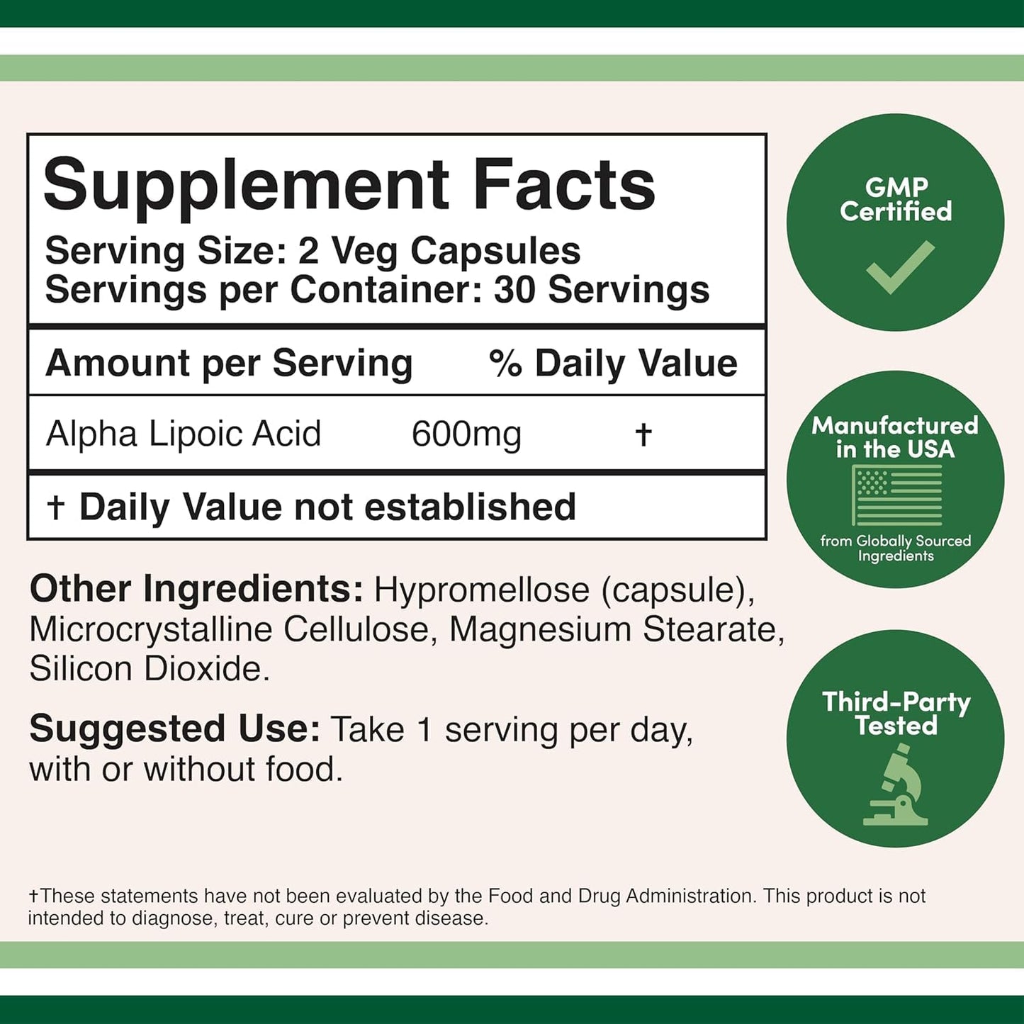 Double Wood Supplements Alpha Lipoic Acid 600mg Capsules, 60 Count