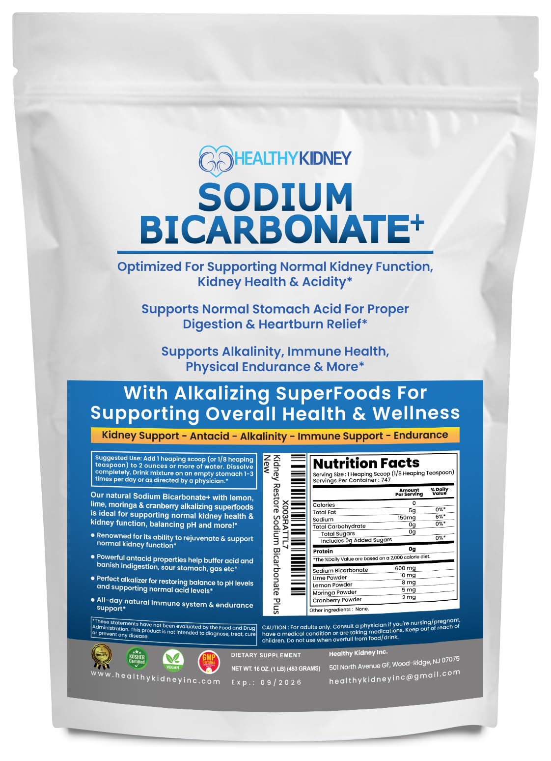 Kidney Restore Organic Sodium Bicarbonate Alkaline Supplement Powder 1 lb