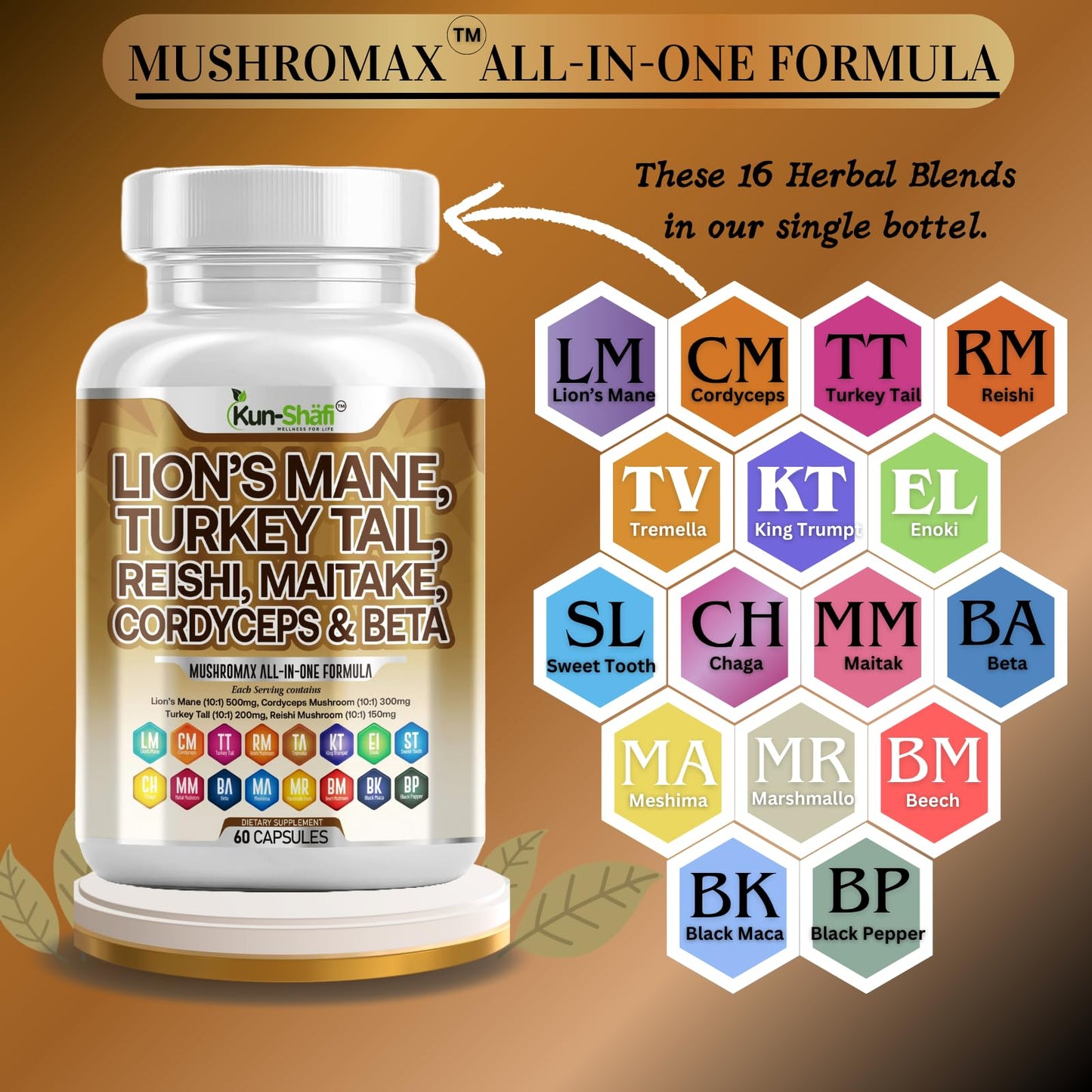 Kun Shafi Lions Mane Mushroom Supplement 20in1 with Turkey Tail Reishi Cordyceps Chaga Maitake Meshima Poria Cocos Shiitake Oyster Porcini Enoki 60 Capsules