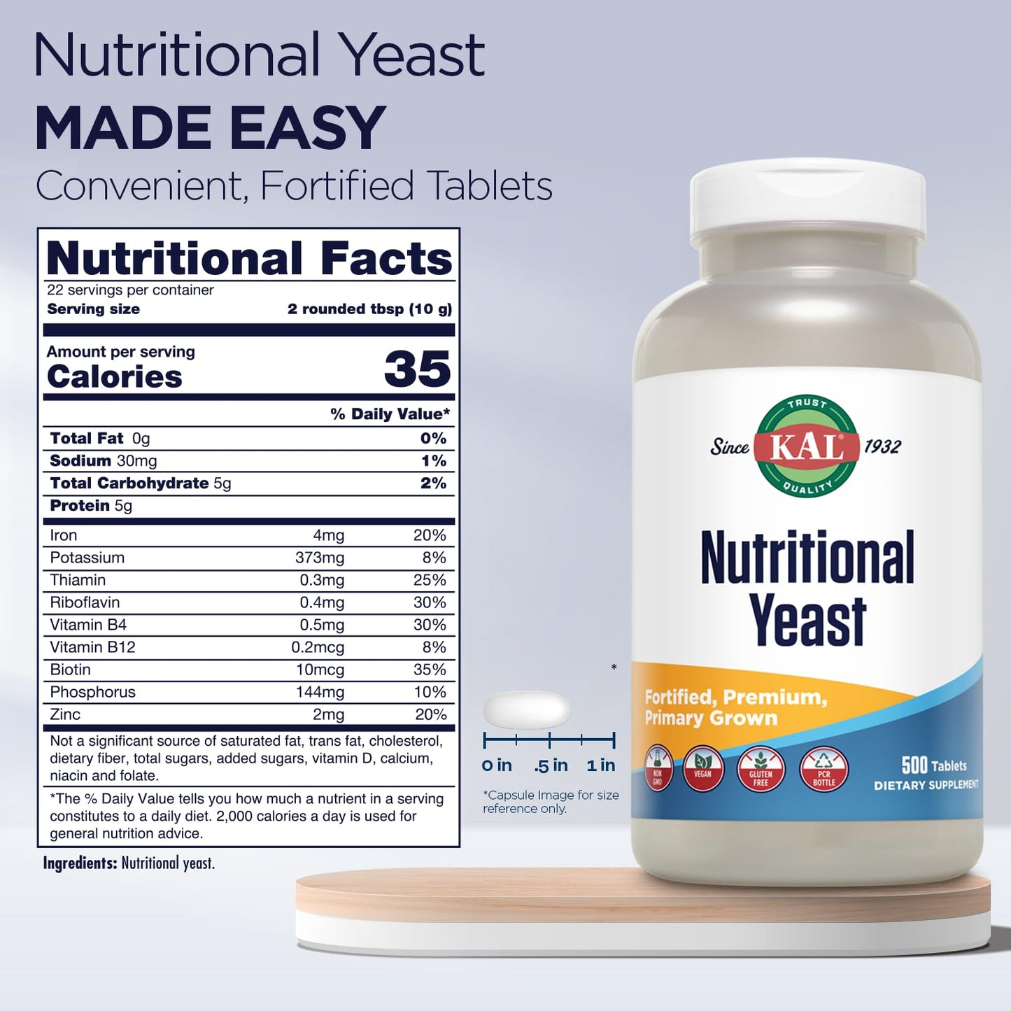KAL Nutritional Yeast Supplement, 500 Tablets