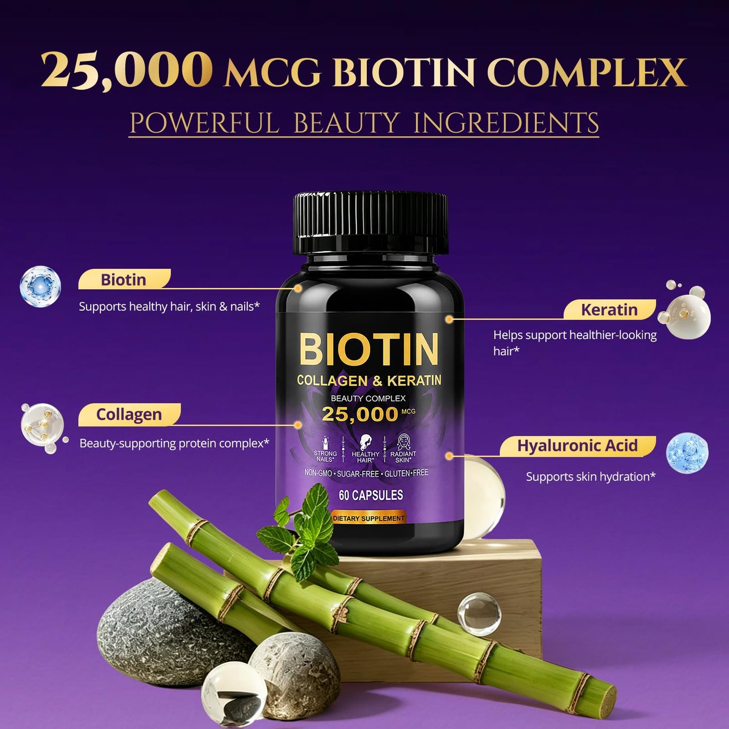KEGECOL Hair Skin & Nails Vitamins with Biotin 25000mcg – Hair Growth Support with Collagen, Keratin, Hyaluronic Acid & B-Complex (B1 B2 B3 B6 B7) – Third Party Tested – Women & Men – 60 Capsules
