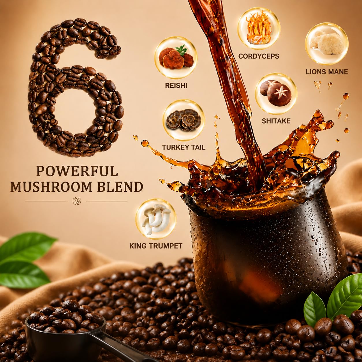 Bunkell Mushroom Coffee Powder with 6 Adaptogenic Mushrooms (Lion's Mane, Reishi, Cordyceps, Shiitake, King Trumpet & Turkey Tail) 6.35 Ounce