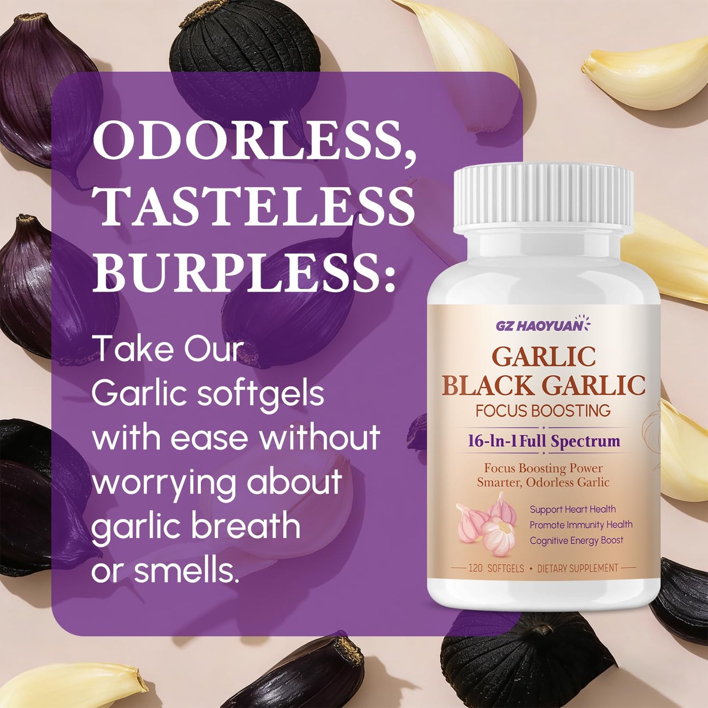 GZ HAOYUAN Odorless Garlic & Black Garlic Softgels 120 Count