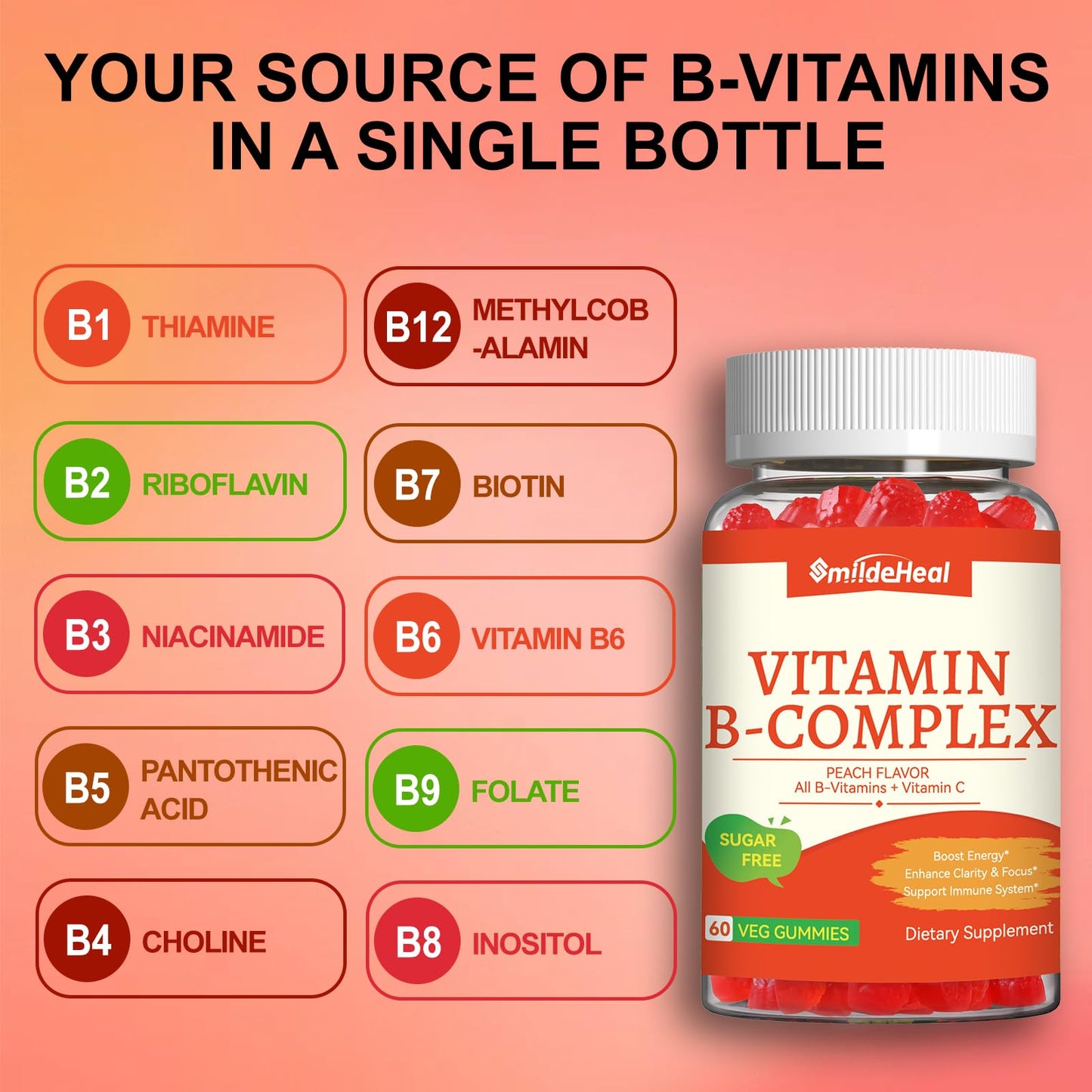 SmildeHeal Vitamin B Complex Gummies for Women & Men - B Complex with B Vitamins, Vitamin C & Choline - Energy & Immune Support - Vegan, Sugar Free, Peach Flavor - 120 Gummies