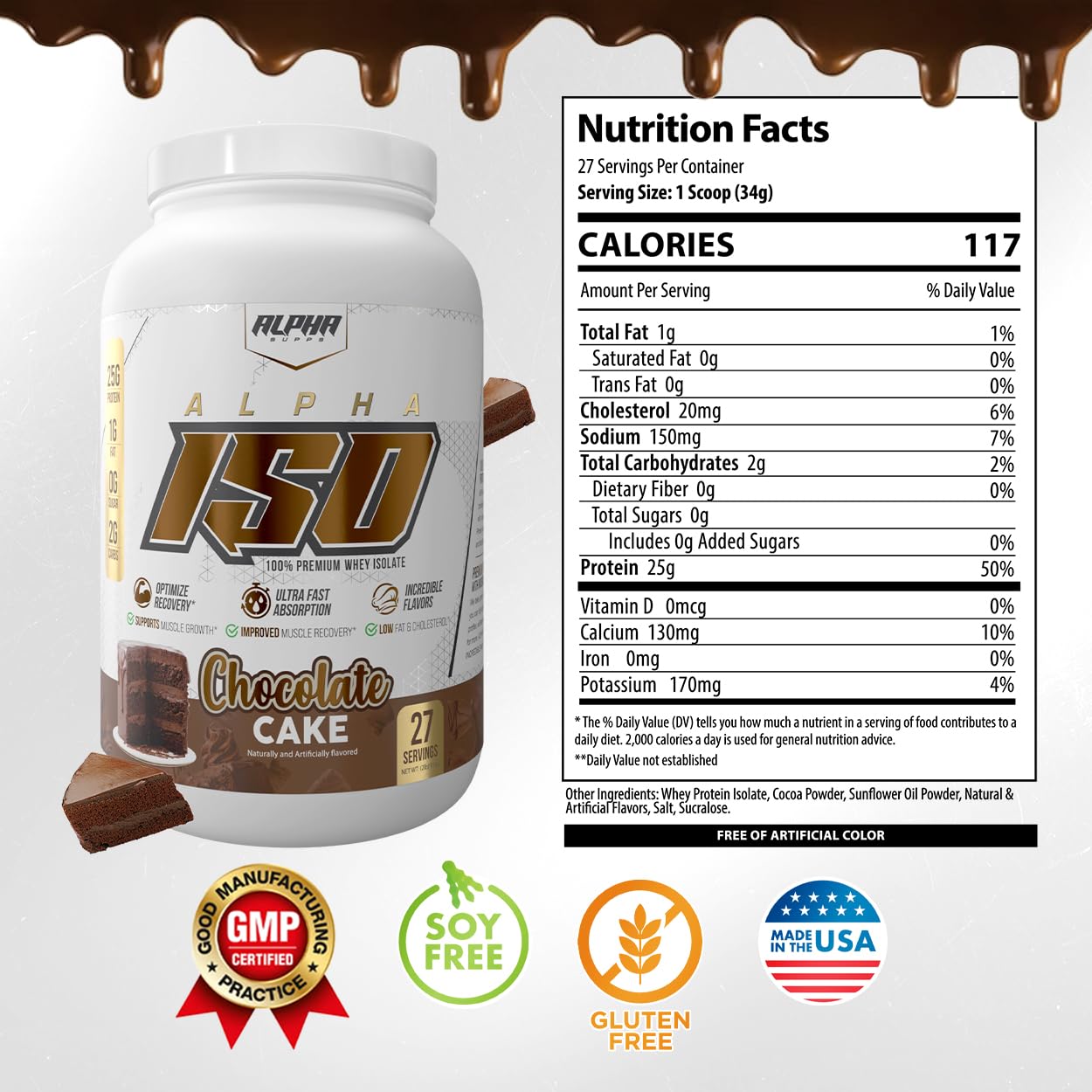Alpha Supps ISO Low Carb 100% Whey Protein Isolate Powder, 32 Servings, Chocolate Cake