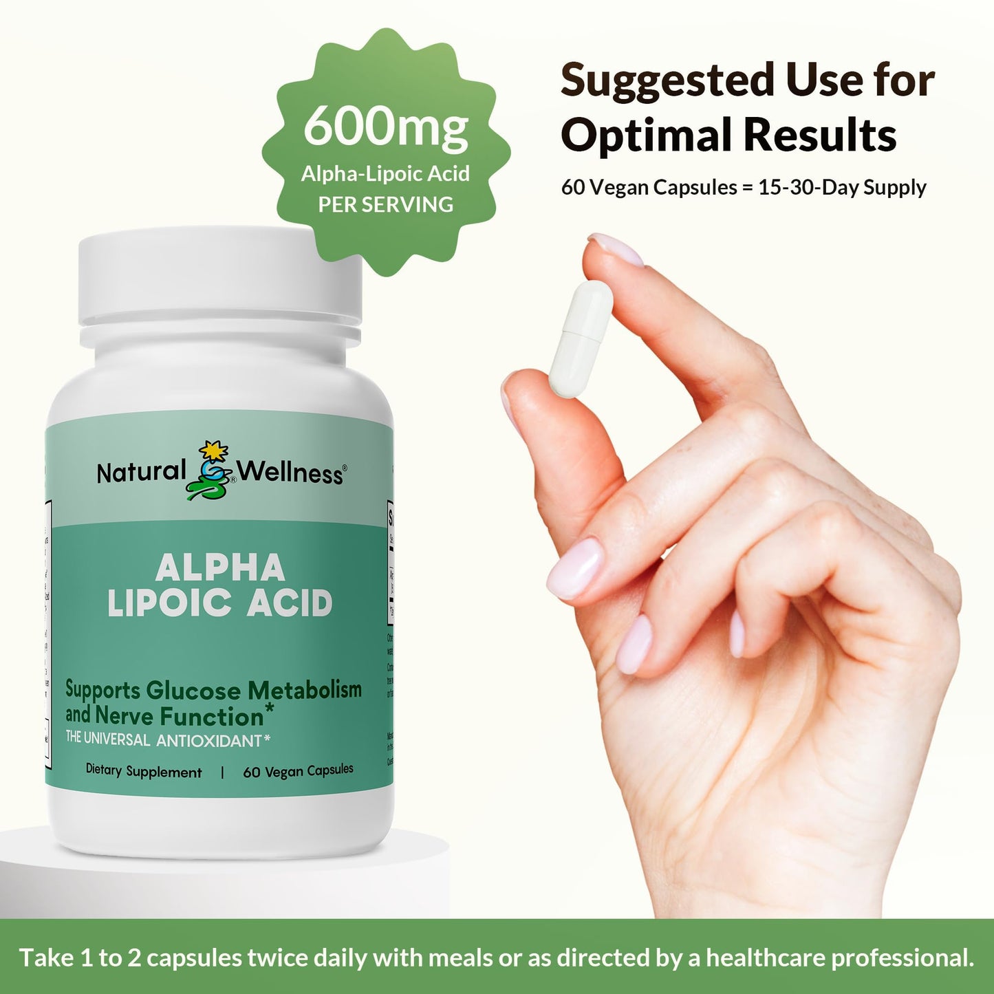 Natural Wellness Alpha Lipoic Acid (ALA) 600 mg 60 Capsules