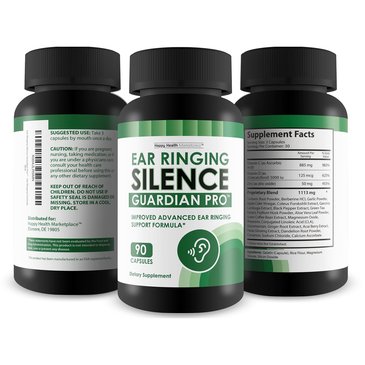 Happy Health Marketplace Ear Ringing Silence Guardian Pro Advanced Ear Ringing Support Formula Tinnitus Relief for Ringing Ears 90 Capsules