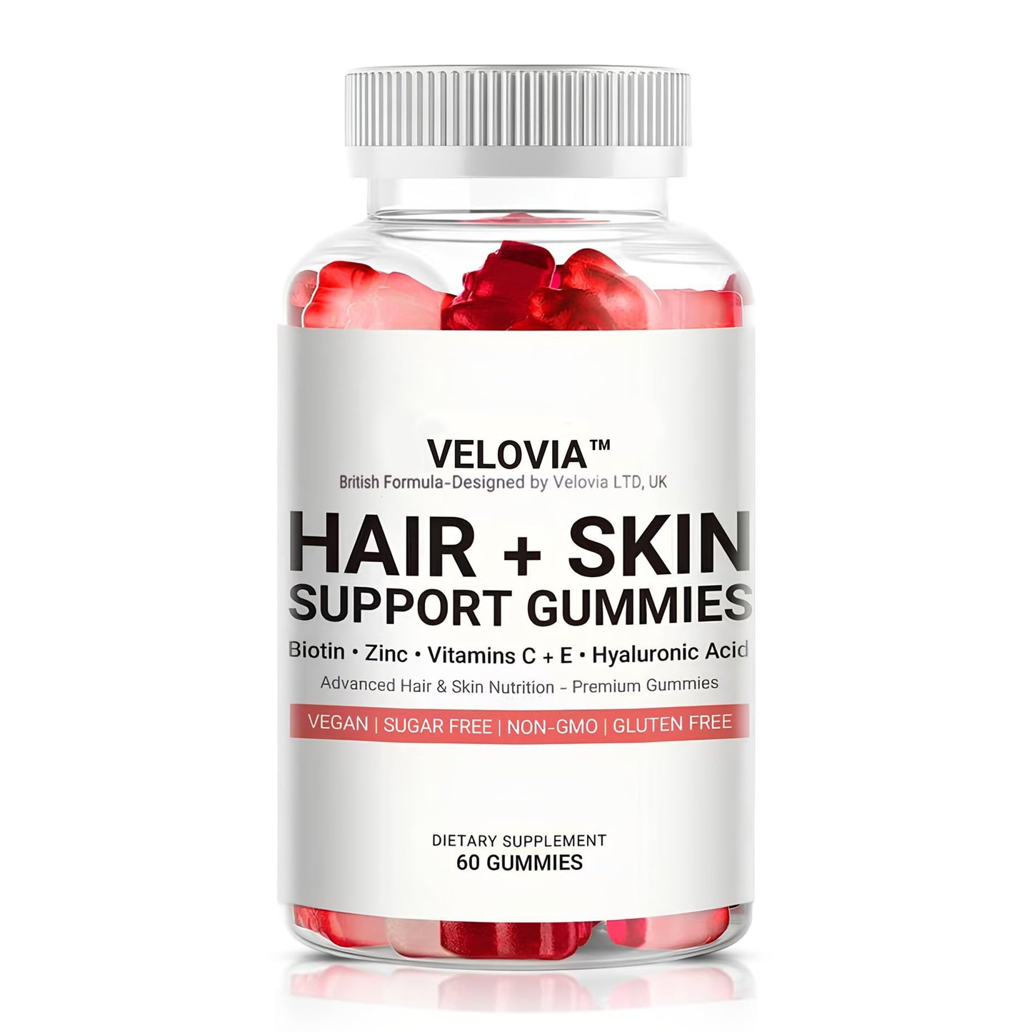 Velovia Hair Strength Gummies – Biotin + Zinc + Vitamins C & E – Sugar Free – 60 Gummies