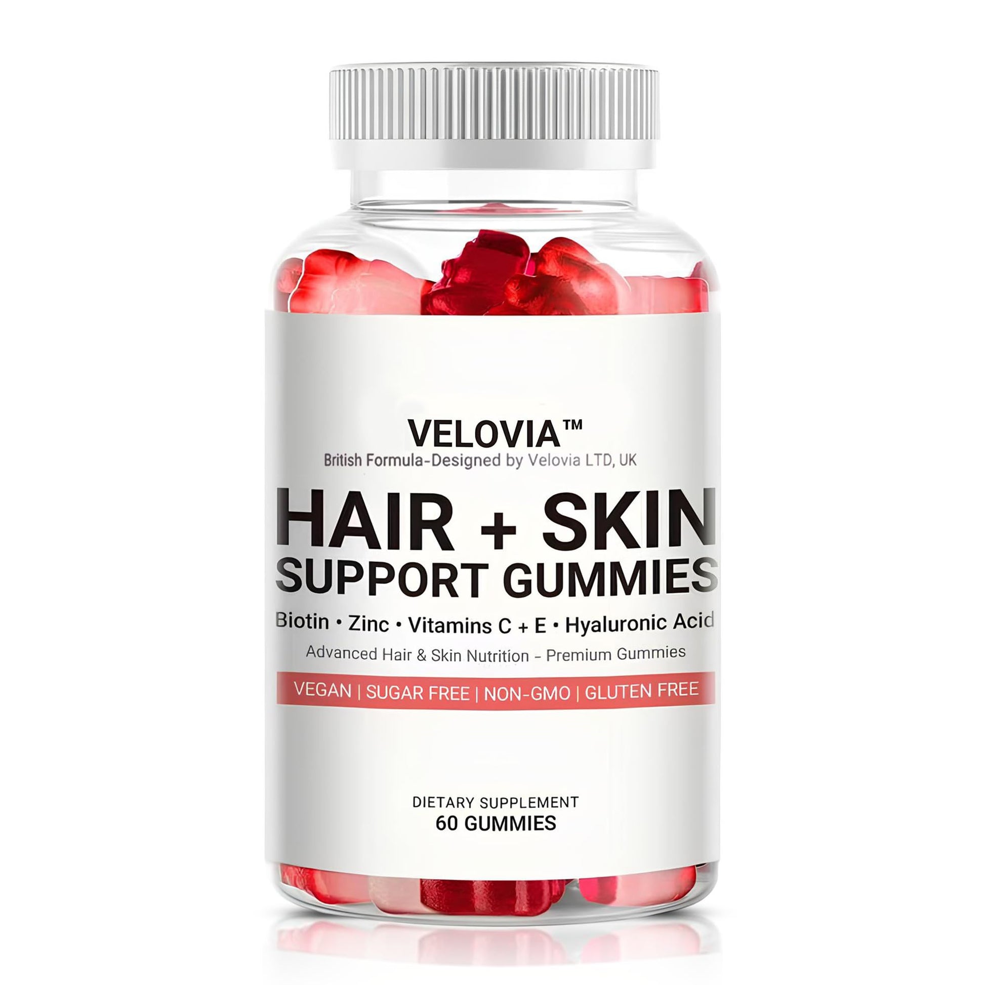 Velovia Hair Strength Gummies – Biotin + Zinc + Vitamins C & E – Sugar Free – 60 Gummies