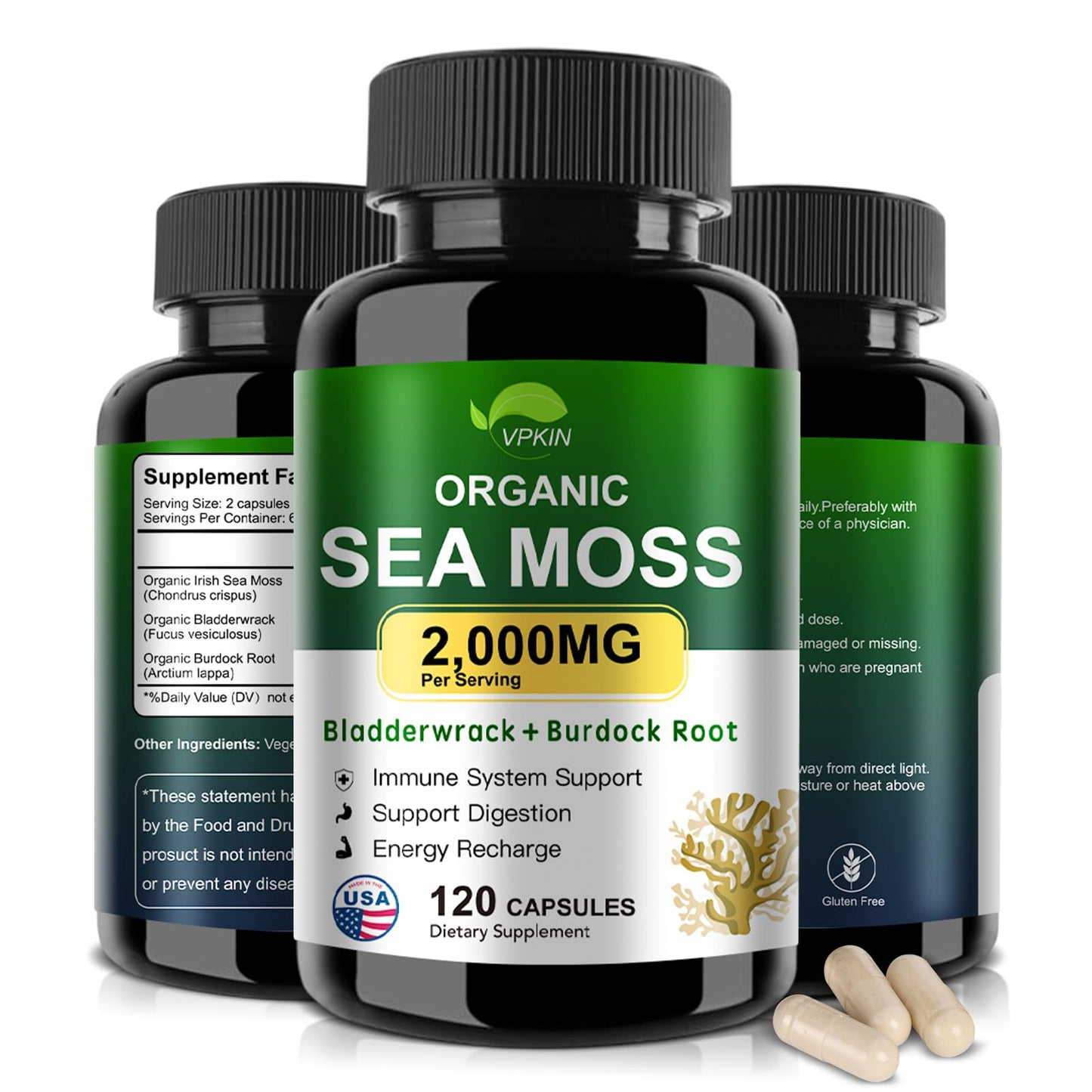 VPKIN Organic Sea Moss Capsules with Bladderwrack, Burdock Root and Black Pepper Extract, 2000mg, 120 Capsules