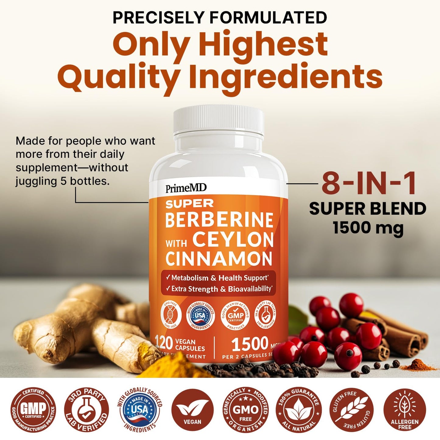 PrimeMD Berberine 1500mg, Ceylon Cinnamon, BioPerine & Turmeric Capsules, 120 Count