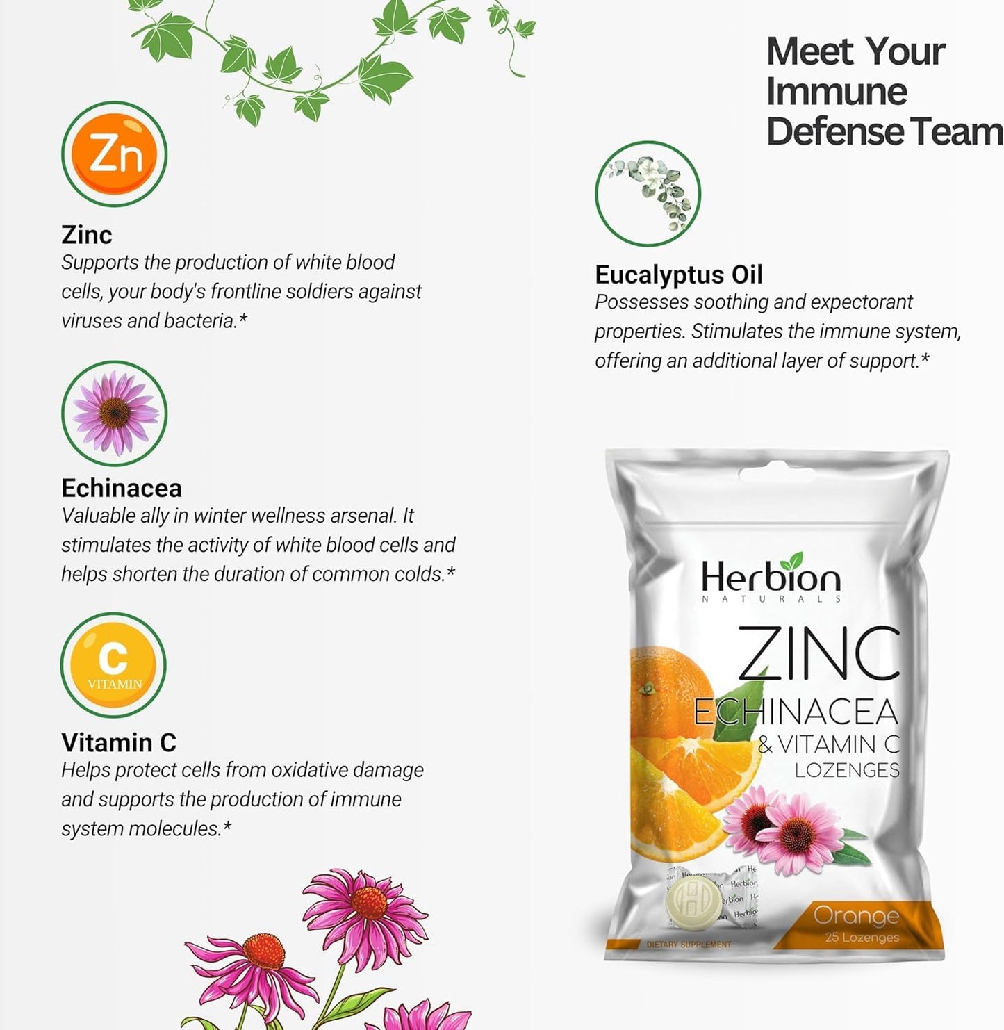HERBION Naturals Zinc, Echinacea & Vitamin C Lozenges, 25 Count