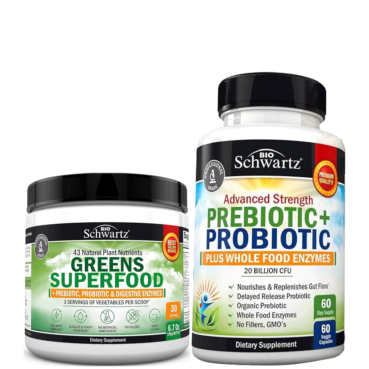 BioSchwartz Super Greens Powder with Probiotics, Prebiotics and Digestive Enzymes, 30 Servings