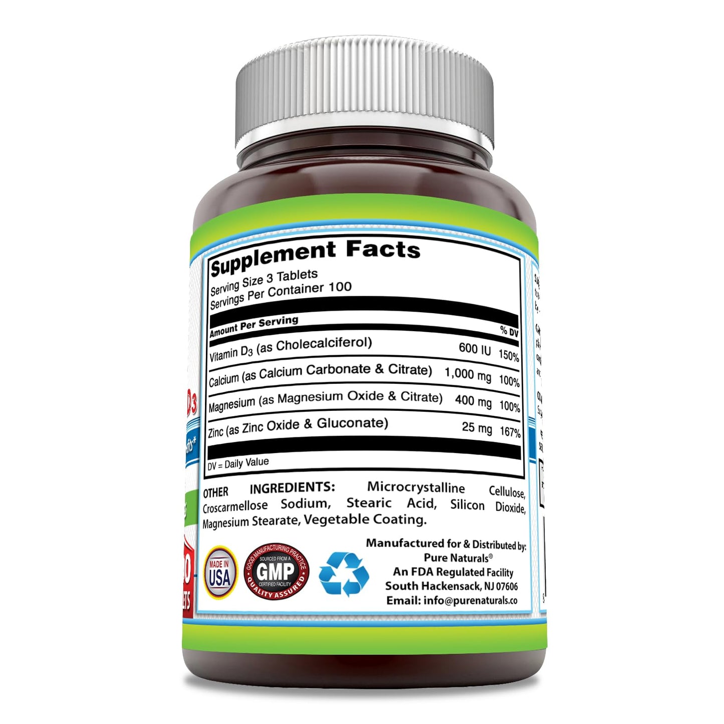 Pure Naturals Calcium Magnesium Zinc Vitamin D3 Supplement Tablet 300 Tablets
