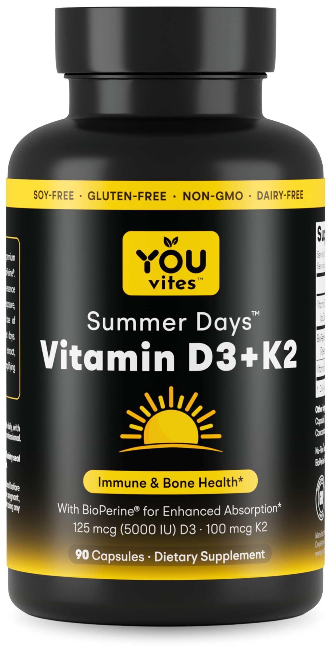 You Vites Vitamin D3 + K2 Max Absorption 5000 IU D3 & 100 mcg K2 MK-7 with BioPerine, 90 Capsules