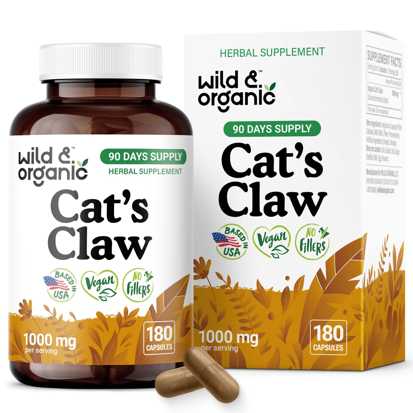 Wild & Organic Cat's Claw Herbal Supplement 1000 mg Capsules 180 Count