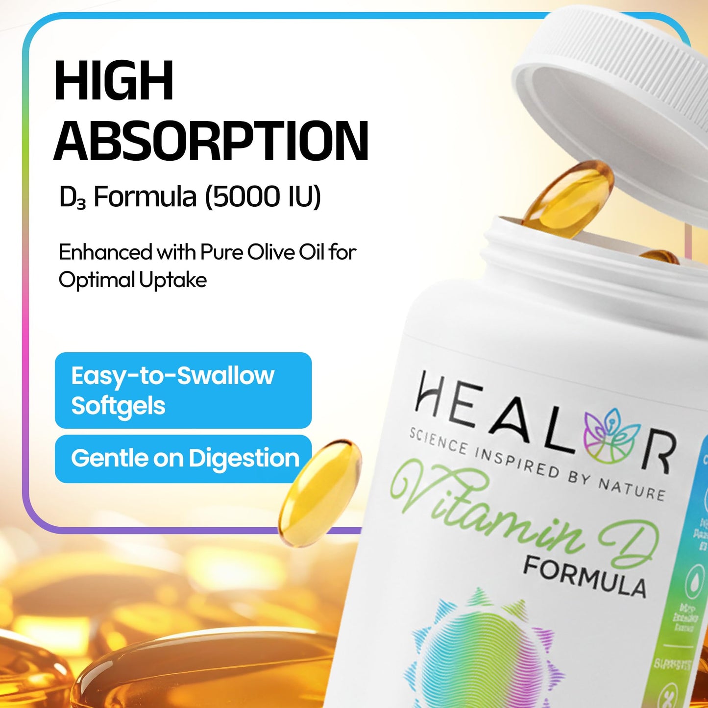 HEALOR Vitamin D3 5000 IU Softgels, High Absorption with Organic Olive Oil for Immune and Bone Health, 90 Count