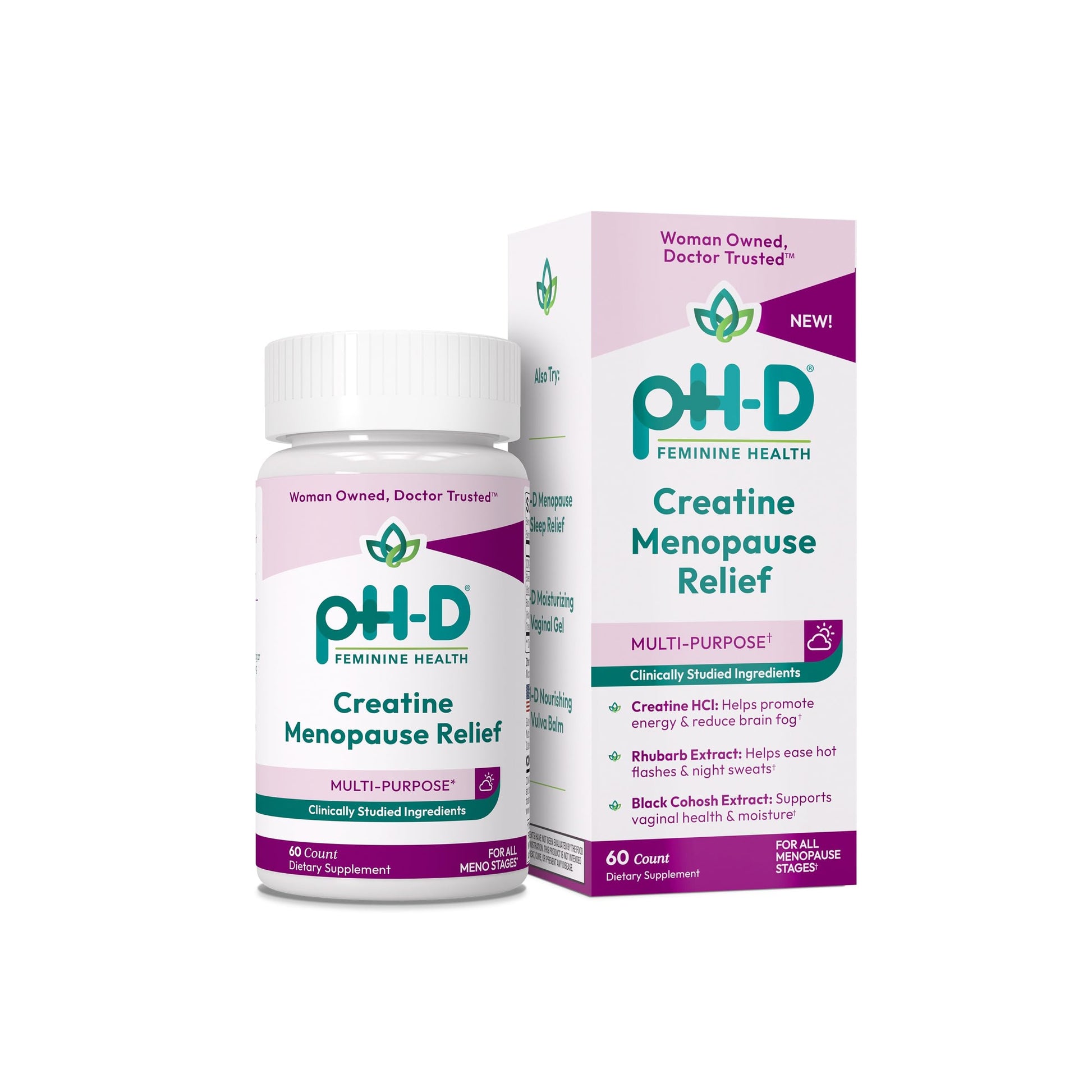 pH-D Feminine Health Support Creatine Menopause Relief, Brain Fog, Hot Flash, and Dryness Management, Menopause Pills 60 Capsules