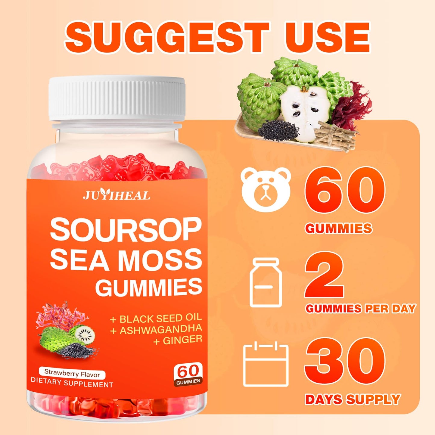 JUYIHEAL Soursop Graviola with Sea Moss Gummies, 10-in-1 Soursop Gummies with Vitamin C, Zinc for Immunity and Antioxidant, 60 Capsules