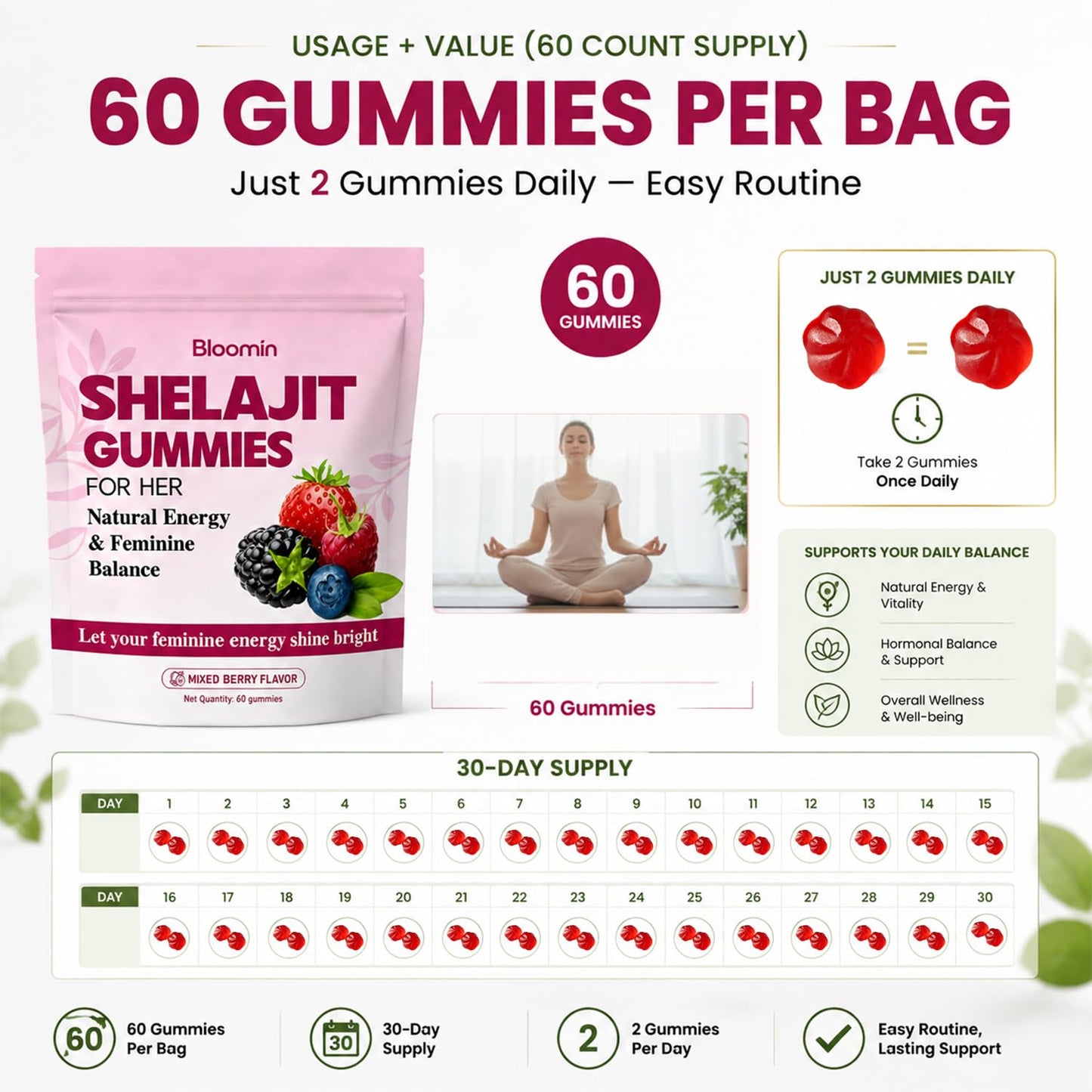 Bloomin Gummies Shilajit Gummies for Women, Gummy, 60 Count