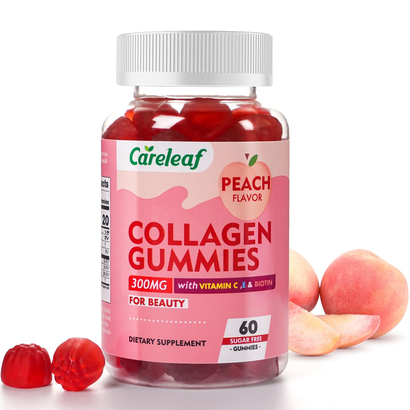 careleaf Sugar Free Collagen Gummies with Vitamin C, Vitamin E and Biotin, Natural Hydrolyzed Collagen 300mg, Peach Flavor, 60 Gummies