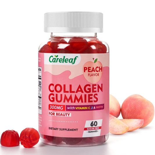 careleaf Sugar Free Collagen Gummies with Vitamin C, Vitamin E and Biotin, Natural Hydrolyzed Collagen 300mg, Peach Flavor, 60 Gummies