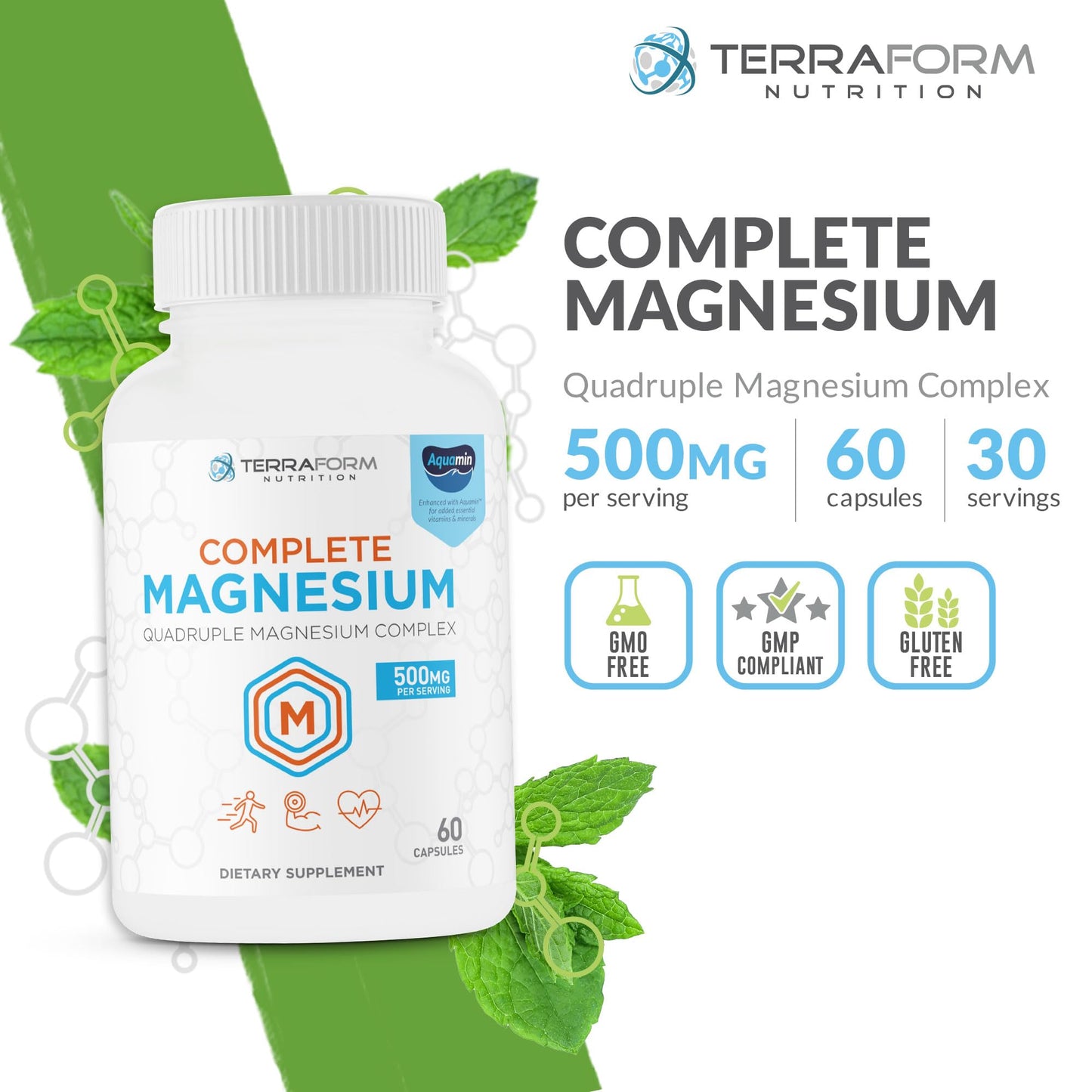 TerraForm Nutrition Complete Magnesium Complex - 4 Forms of Magnesium (Glycinate, Malate, Oxide & Citrate) Plus Aquamin for Support of Muscles, Sleep, Energy & Relaxation, 60 Capsules