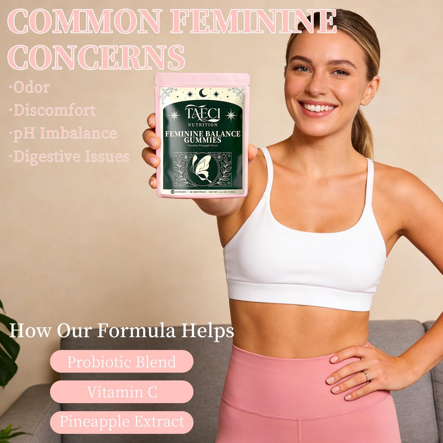 Taeci Premium Feminine Balance Gummies for Women, Probiotic Supplement, 60 Gummies