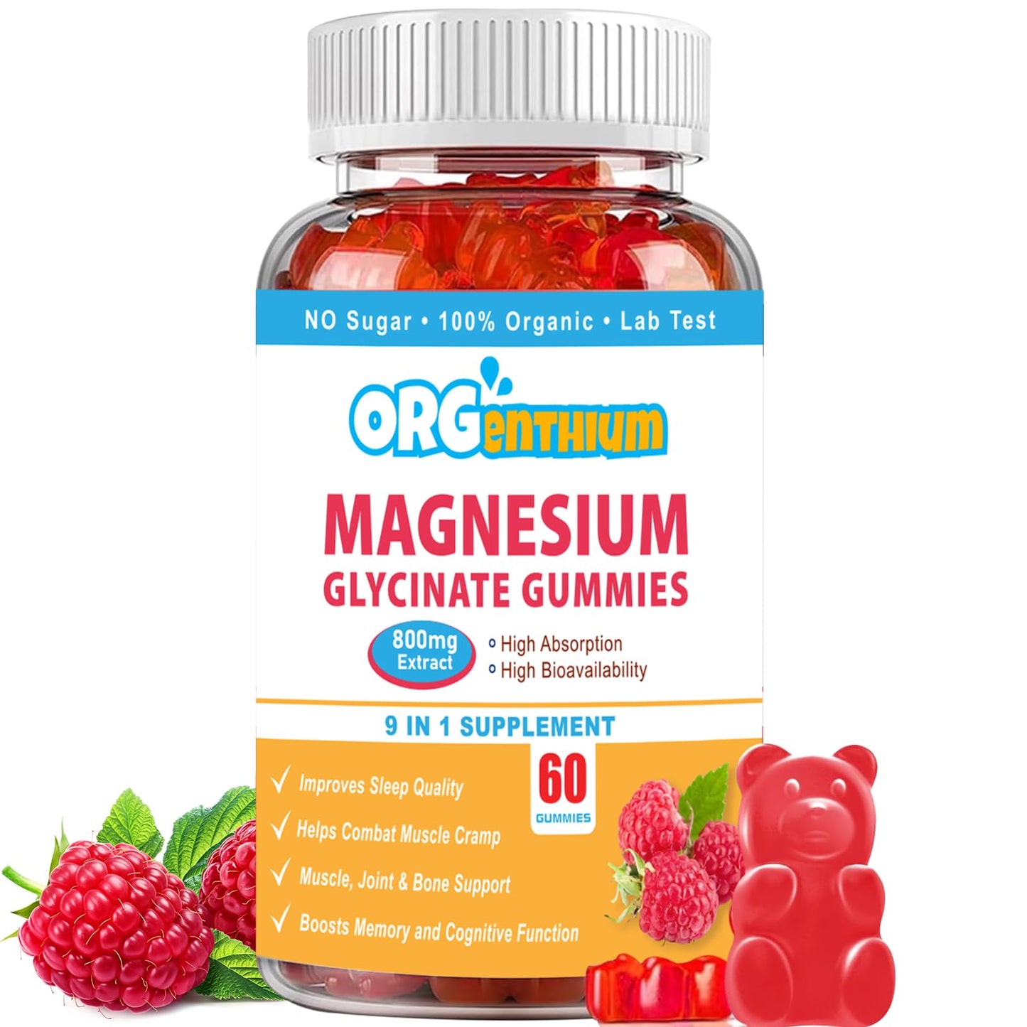 OrgEnthium Magnesium Glycinate Gummies 500mg with L-Threonate, Vitamin D, B6, Potassium & CoQ10 Gummy, 60 Count