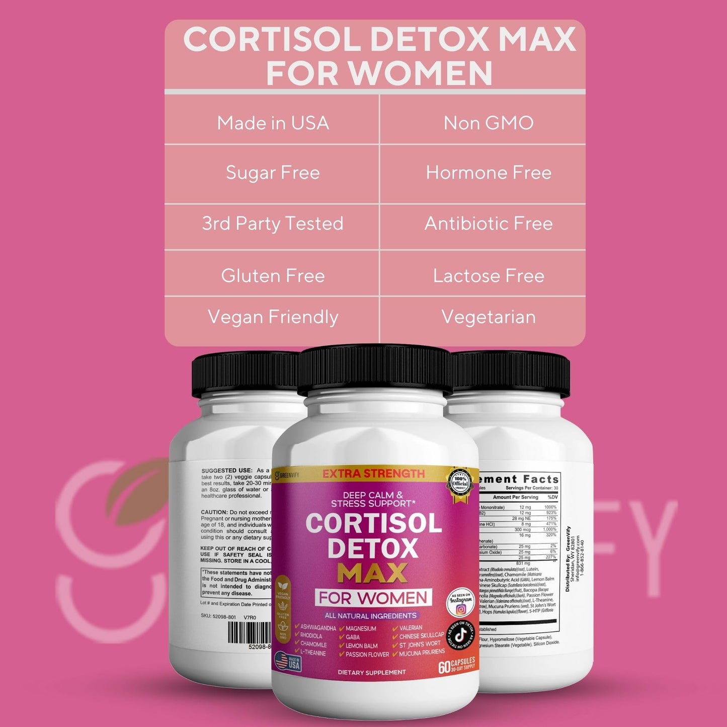 GREENVIFY Cortisol Detox Max for Women Extra Strength Stress Support 60 Capsules