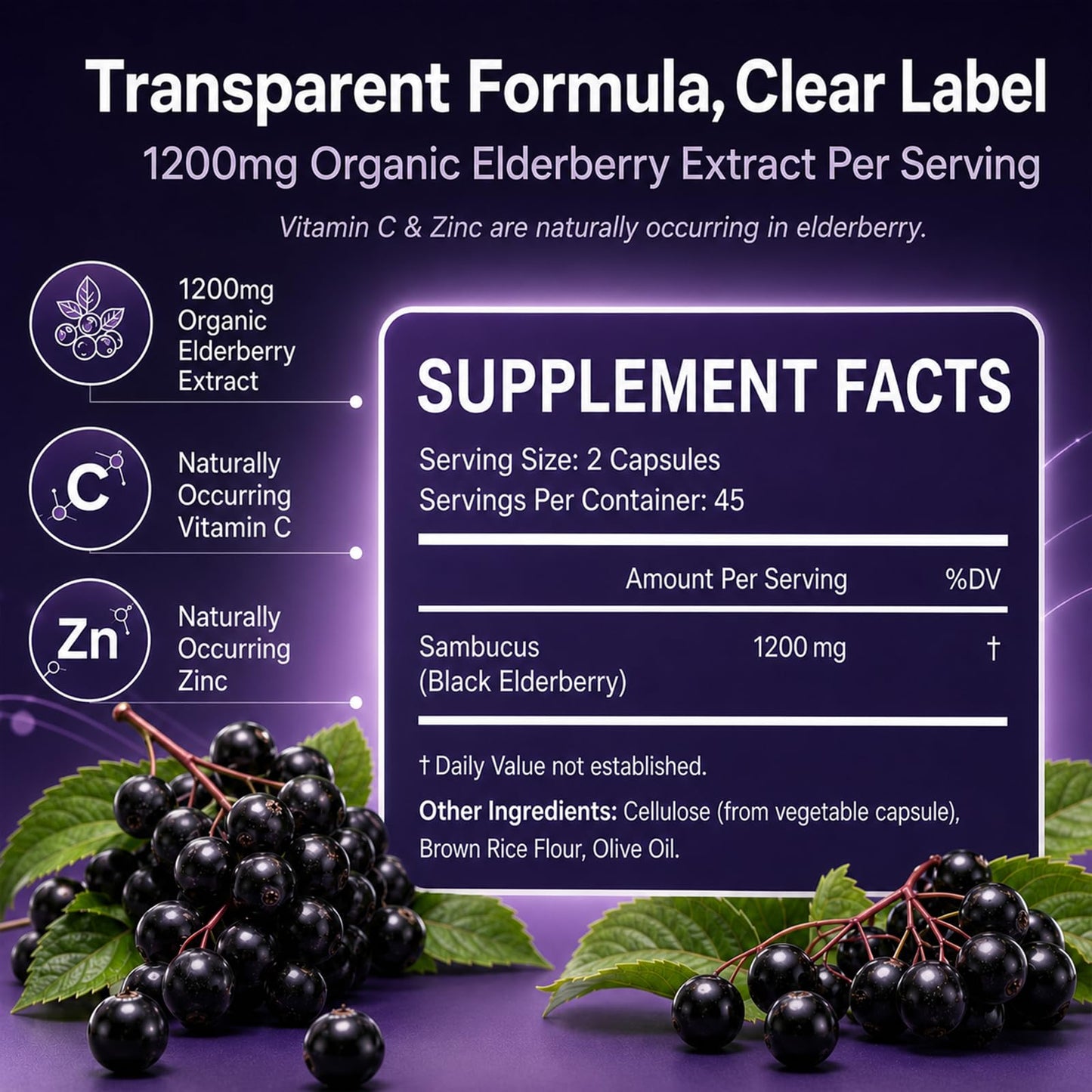 QLONU Elvera Elderberry Gut Support with 1200mg Elderberry Extract, Vitamin C and Zinc Capsules, 90 Count