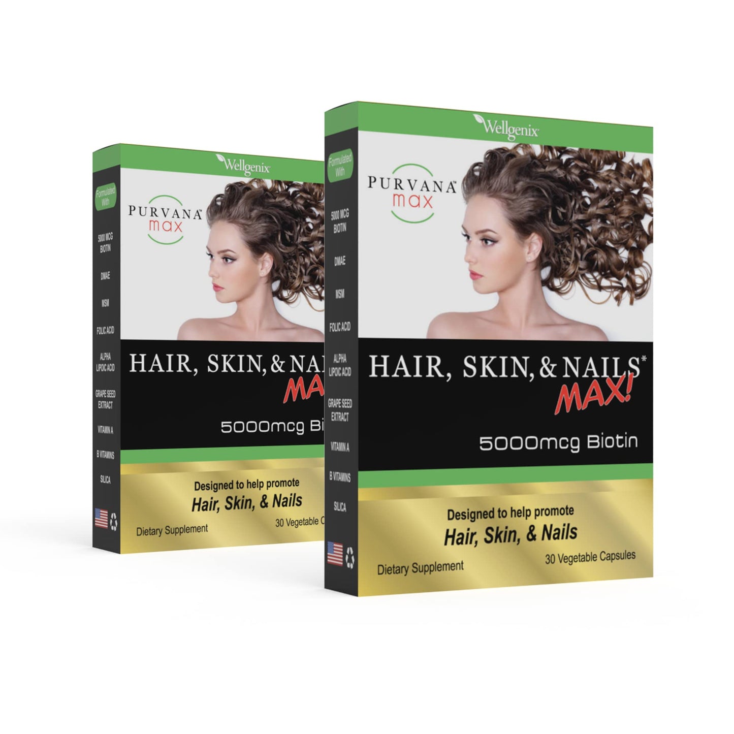 Wellgenix Purvana MAX Hair Skin and Nails Supplement 5000mcg Biotin with MSM & B-Complex 60 Veggie Capsules