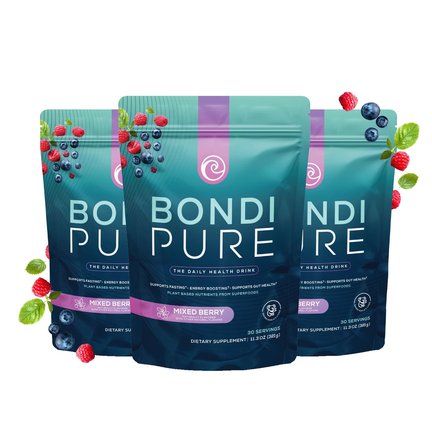 Bondi Pure Daily Health & Detox Drink Powder, Berry, 90 Servings (Pack of 3)