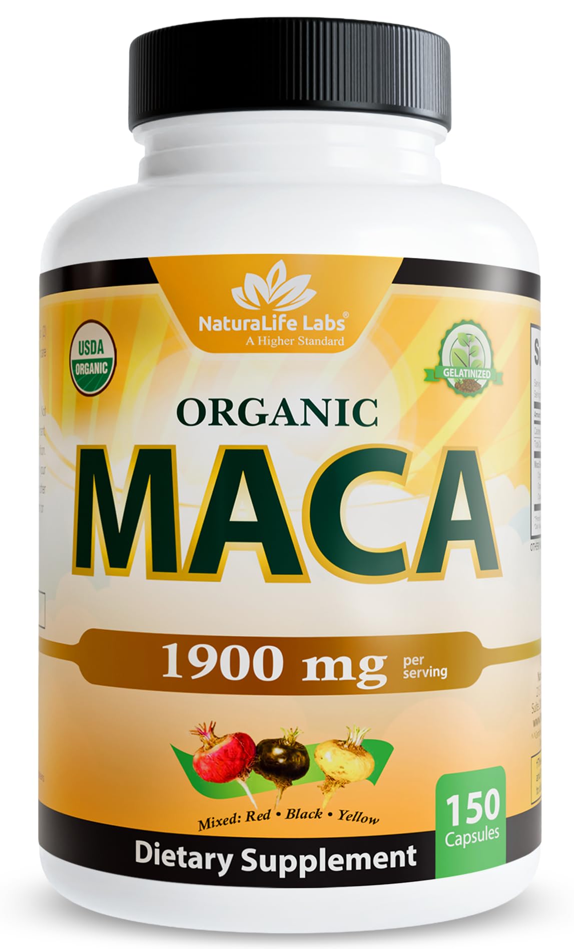 NaturaLife Labs Organic Maca Root – Black, Red & Yellow – 1900 mg per Serving – Gelatinized Peruvian Maca – Non-GMO, Gluten-Free, Vegan, 150 Capsules