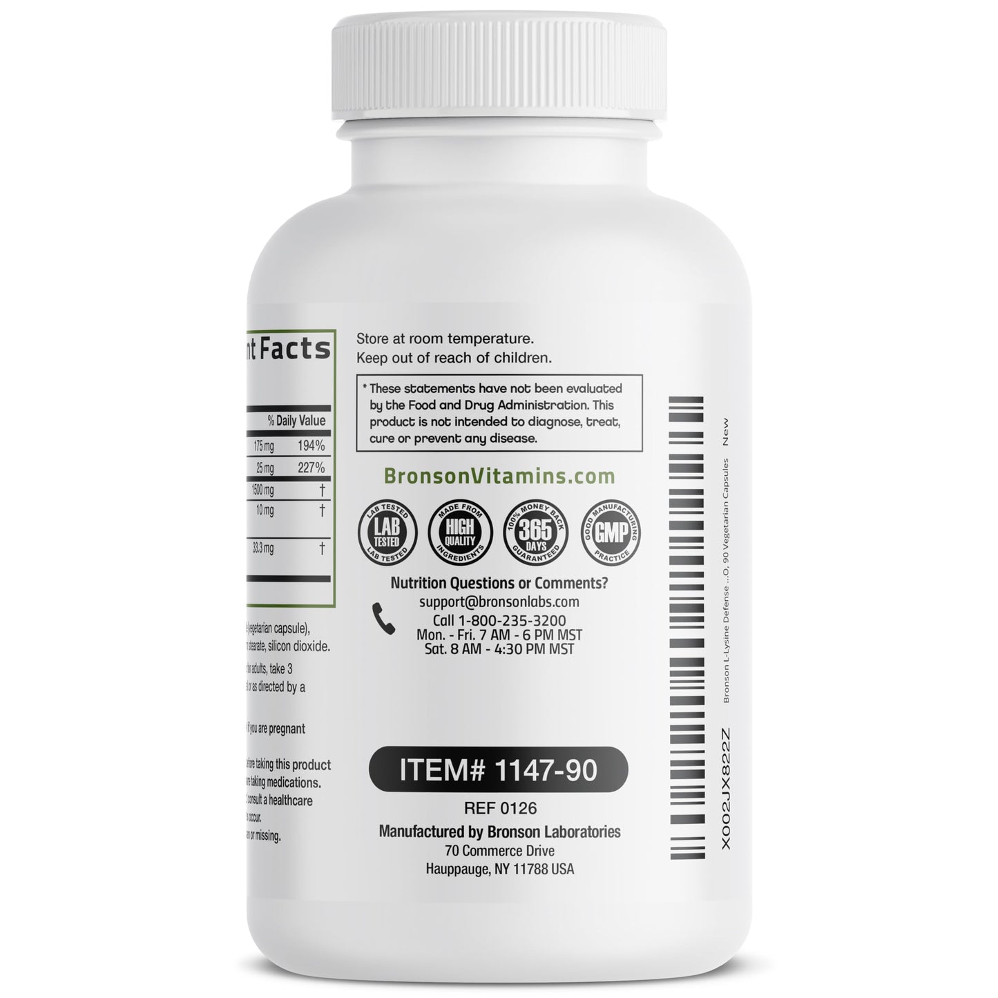 Bronson L-Lysine Defense Immune Support Complex 1500 mg Capsules, 90 Count