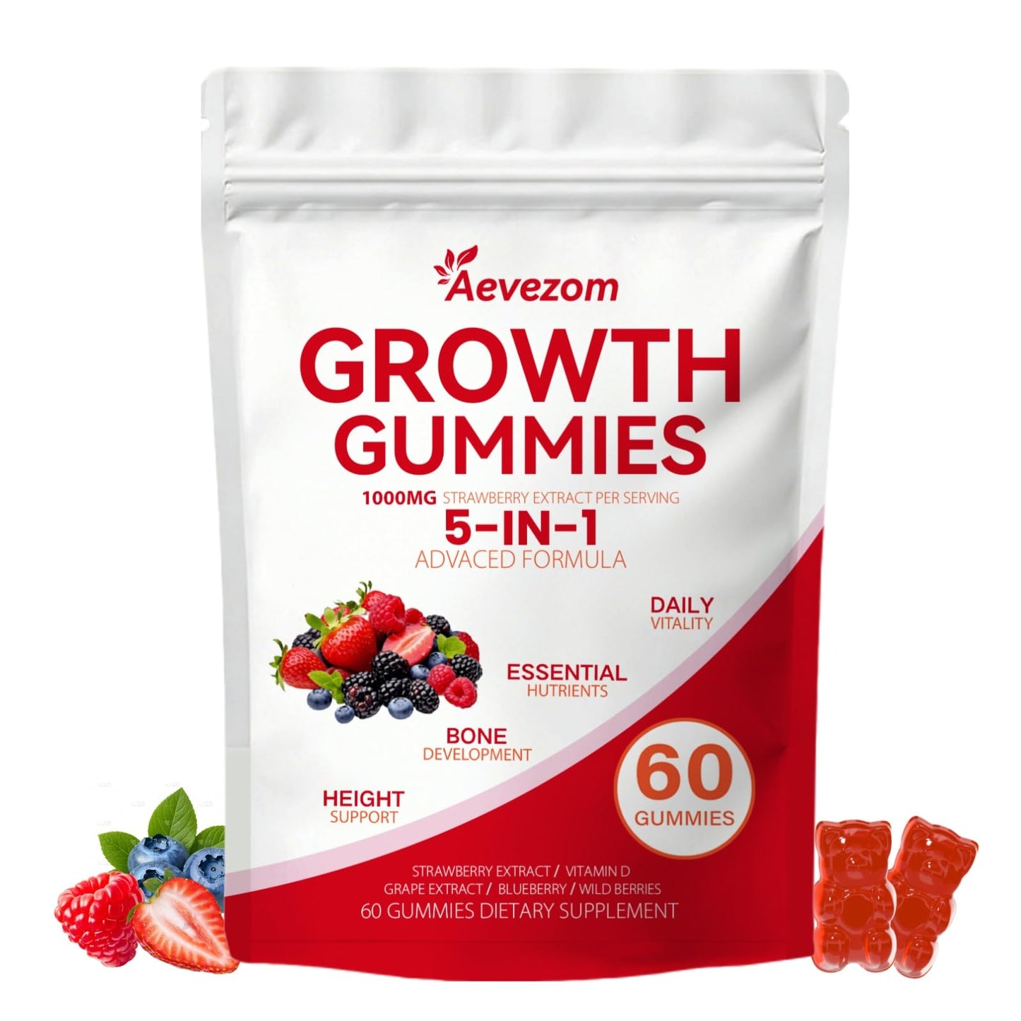 Aevezom 5 in 1 Growth Gummies, Health Nourishment with Biotin, Collagen & Botanical Extracts, Hair Growth & Strength, Skin & Nail Care, Non-GMO, 60 Gummies