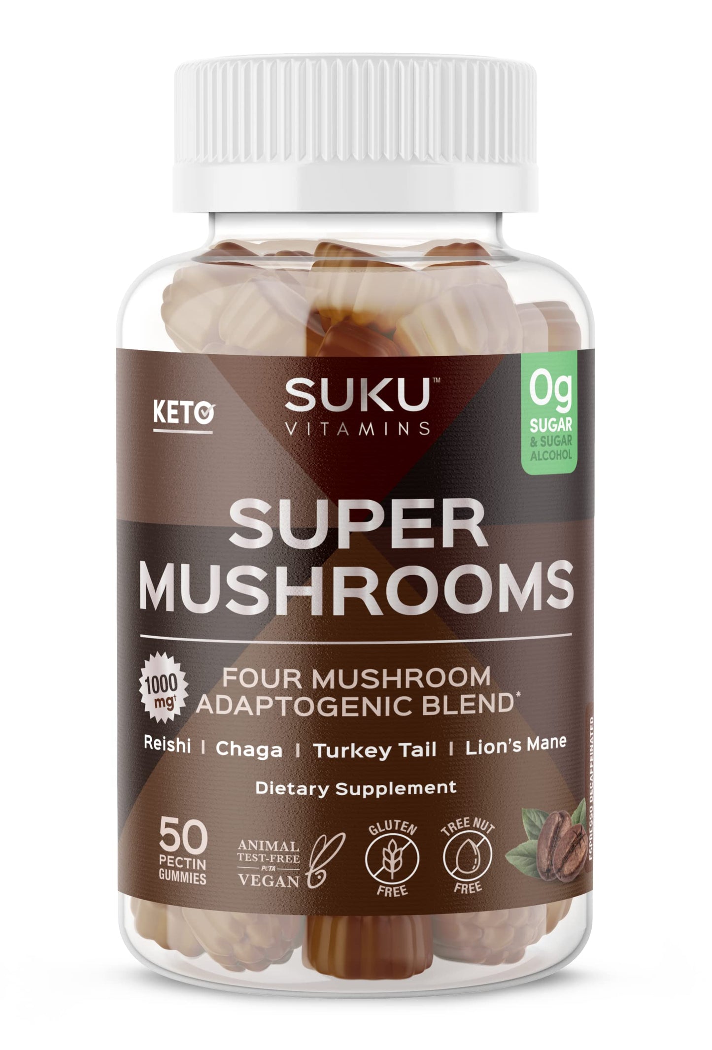 SUKU Super Mushroom - Reishi Chaga, Turkey Tail & Lions Mane Blend Gummies for Immunity Espresso Decaffeinated Flavored 50 Gummies