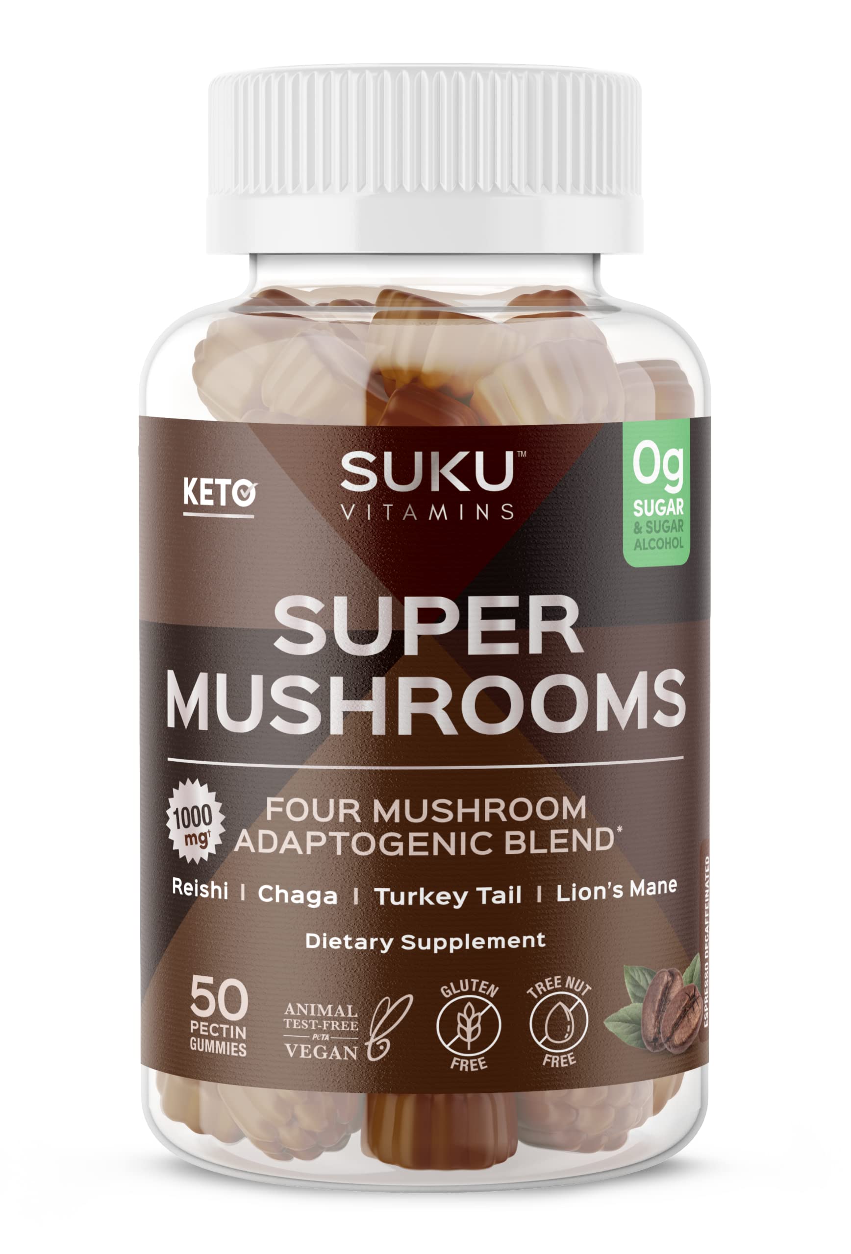 SUKU Super Mushroom - Reishi Chaga, Turkey Tail & Lions Mane Blend Gummies for Immunity Espresso Decaffeinated Flavored 50 Gummies